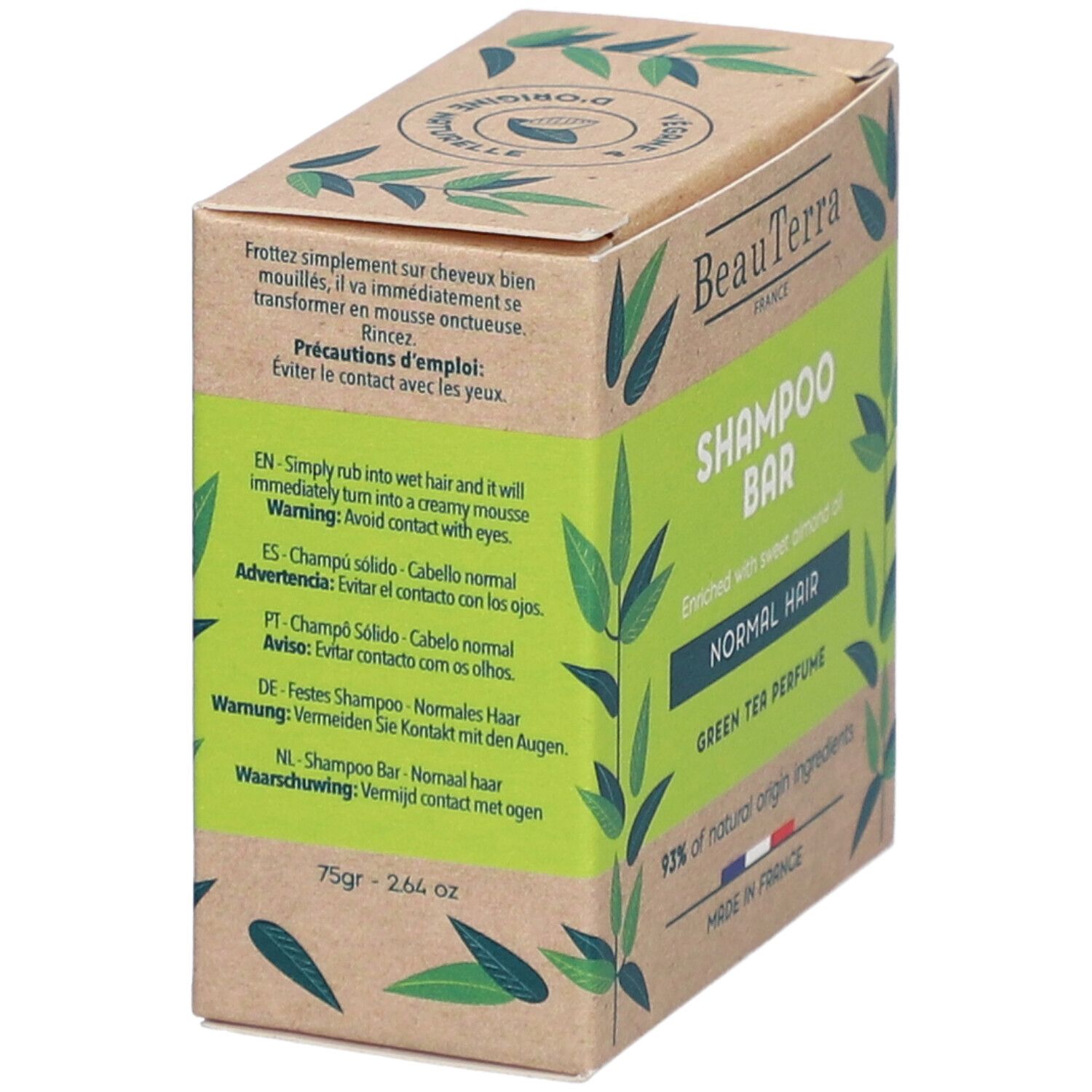 Kartonverpackung mit grünem Etikett. Aufschrift: Shampoo Bar, Normal Hair, Green Tea Perfume. Warnhinweise in mehreren Sprachen.