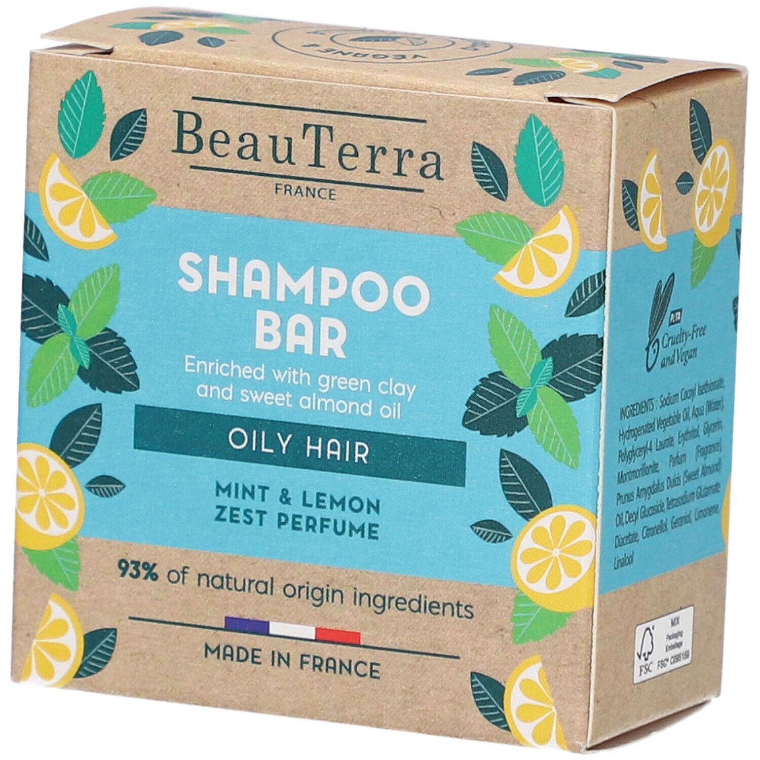 Boîte en carton pour Shampooing Bar. Inscriptions : BeauTerra, Shampoo Bar, Oily Hair, Mint & Lemon Zest Perfume. 93% ingrédients naturels.