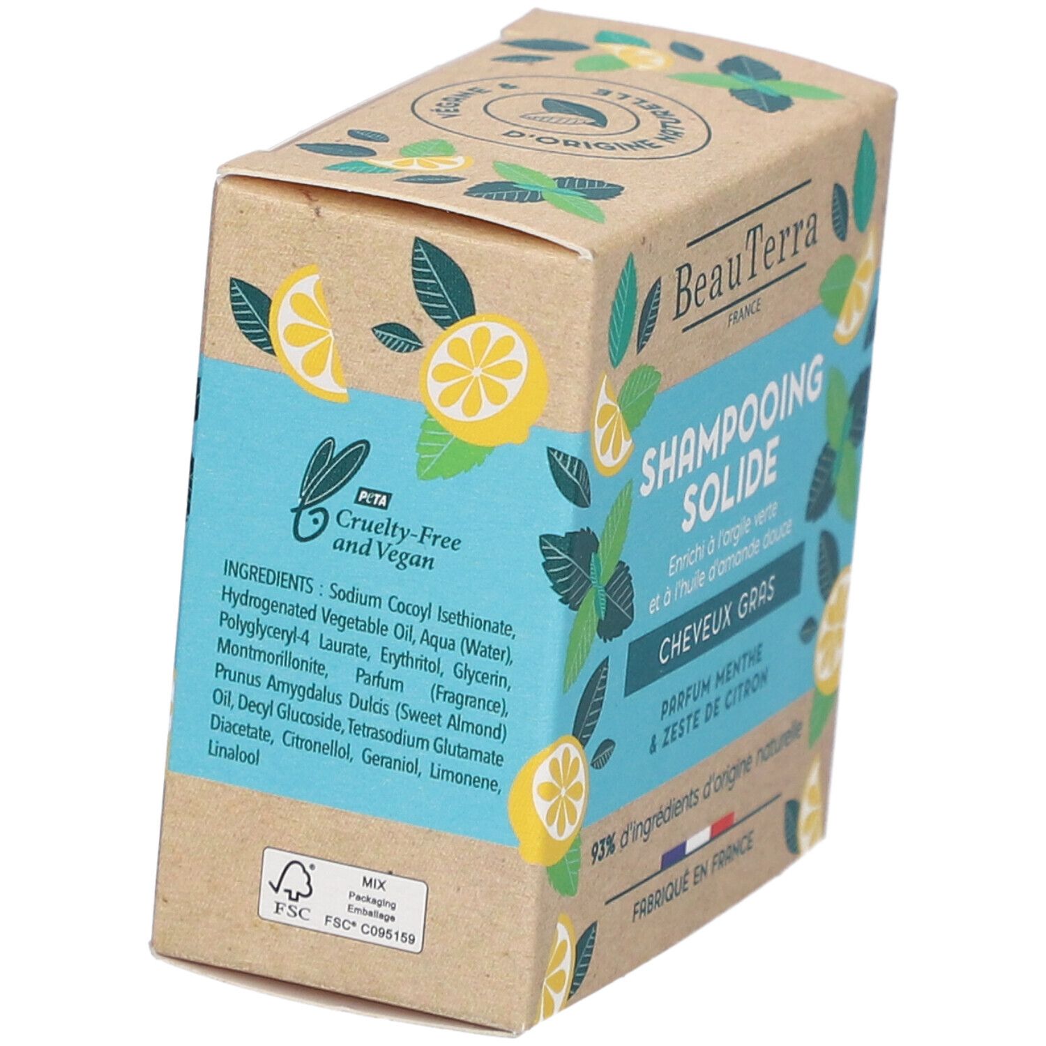 Boîte en carton pour Shampooing Solide. Inscriptions : BeauTerra, Cheveux Gras, Parfum Menthe & Zeste de Citron. Cruelty-Free and Vegan.