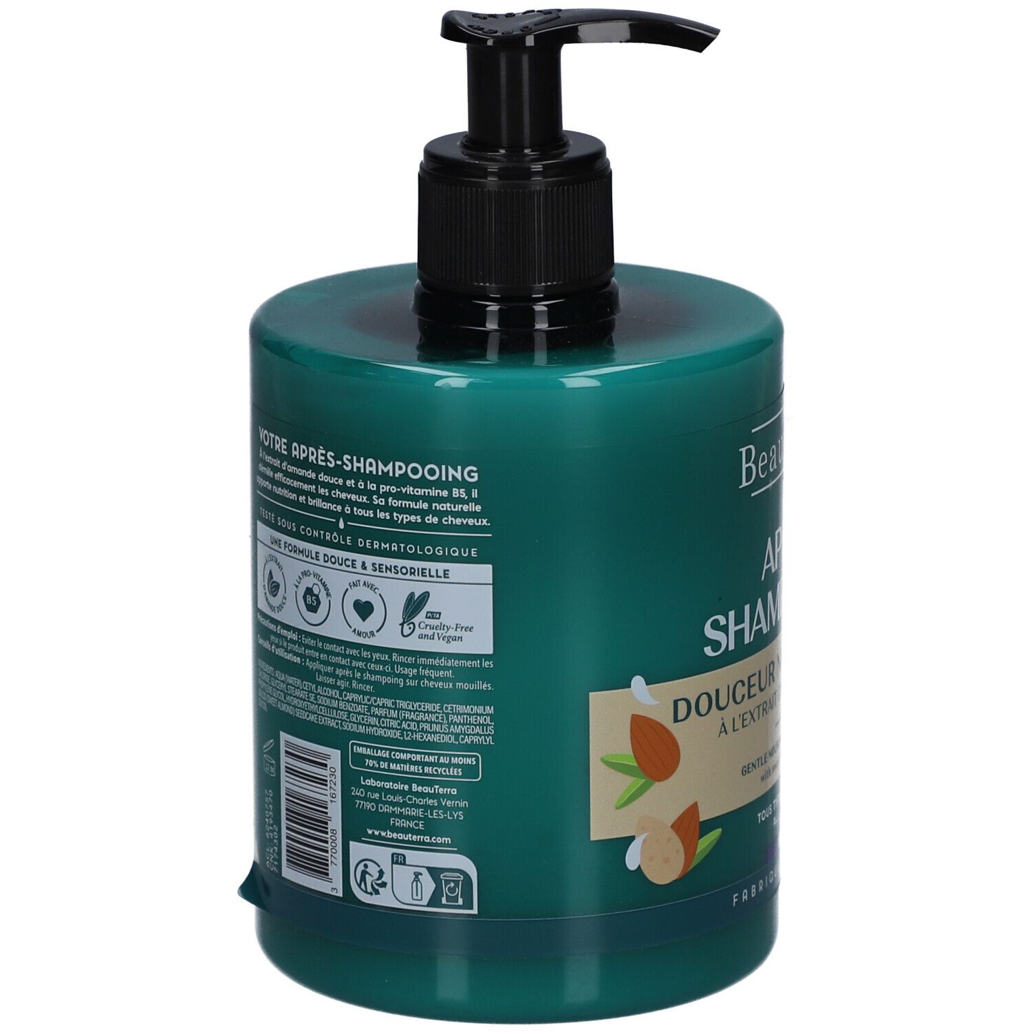 Grüne Flasche mit schwarzem Pumpkopf. Aufschrift und Text auf der Rückseite. Enthält Informationen über Inhaltsstoffe und Zertifizierungen.