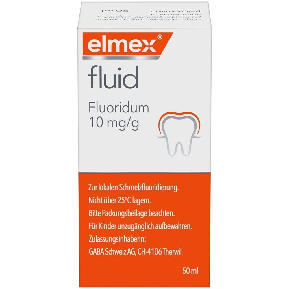 Kartonverpackung, weiß-orange. Schriftzug: elmex fluid. Produktinformationen und Logo. Vertikale Ansicht.