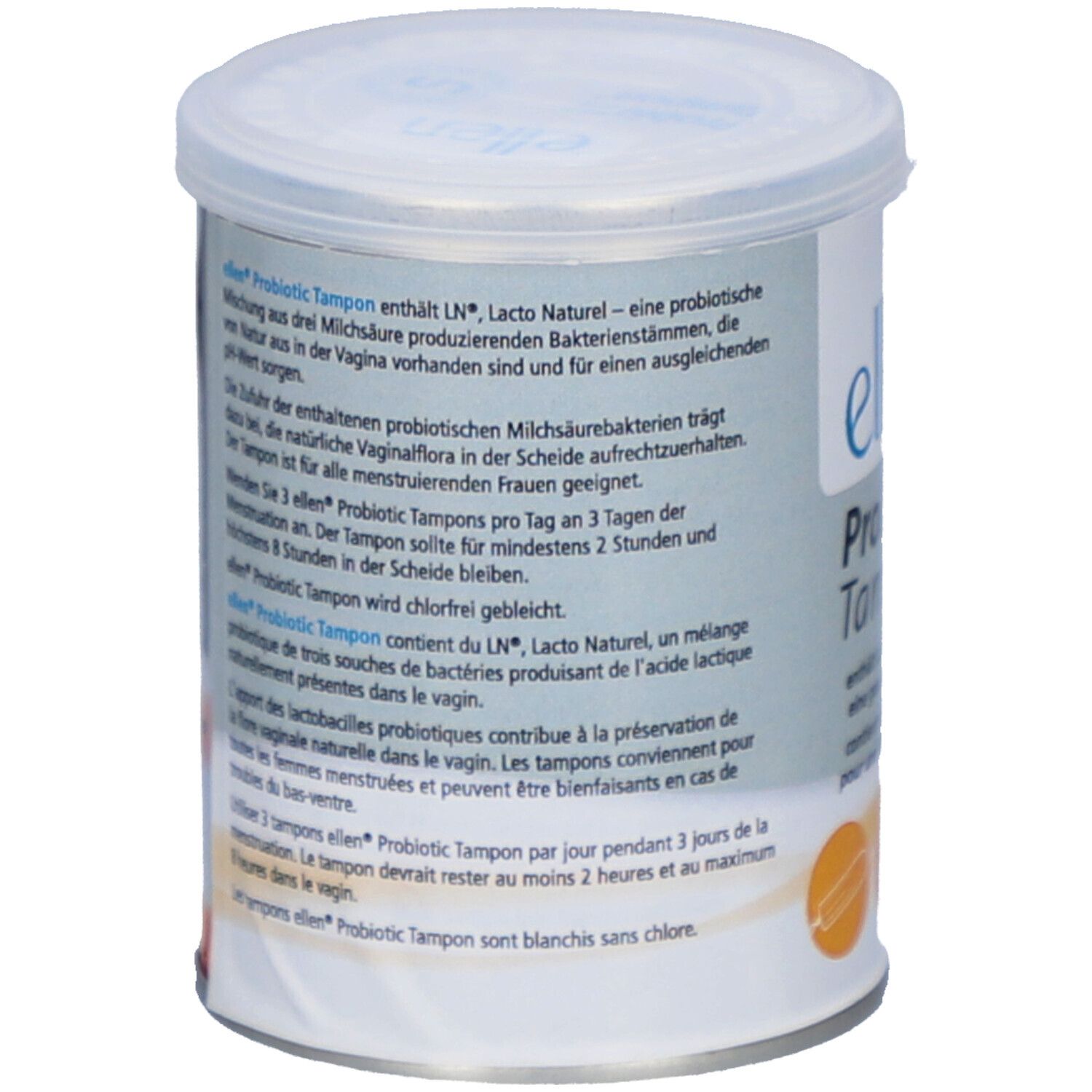 Dos de la boîte "ellen Probiotic Tampon". Informations textuelles en allemand, français et italien.