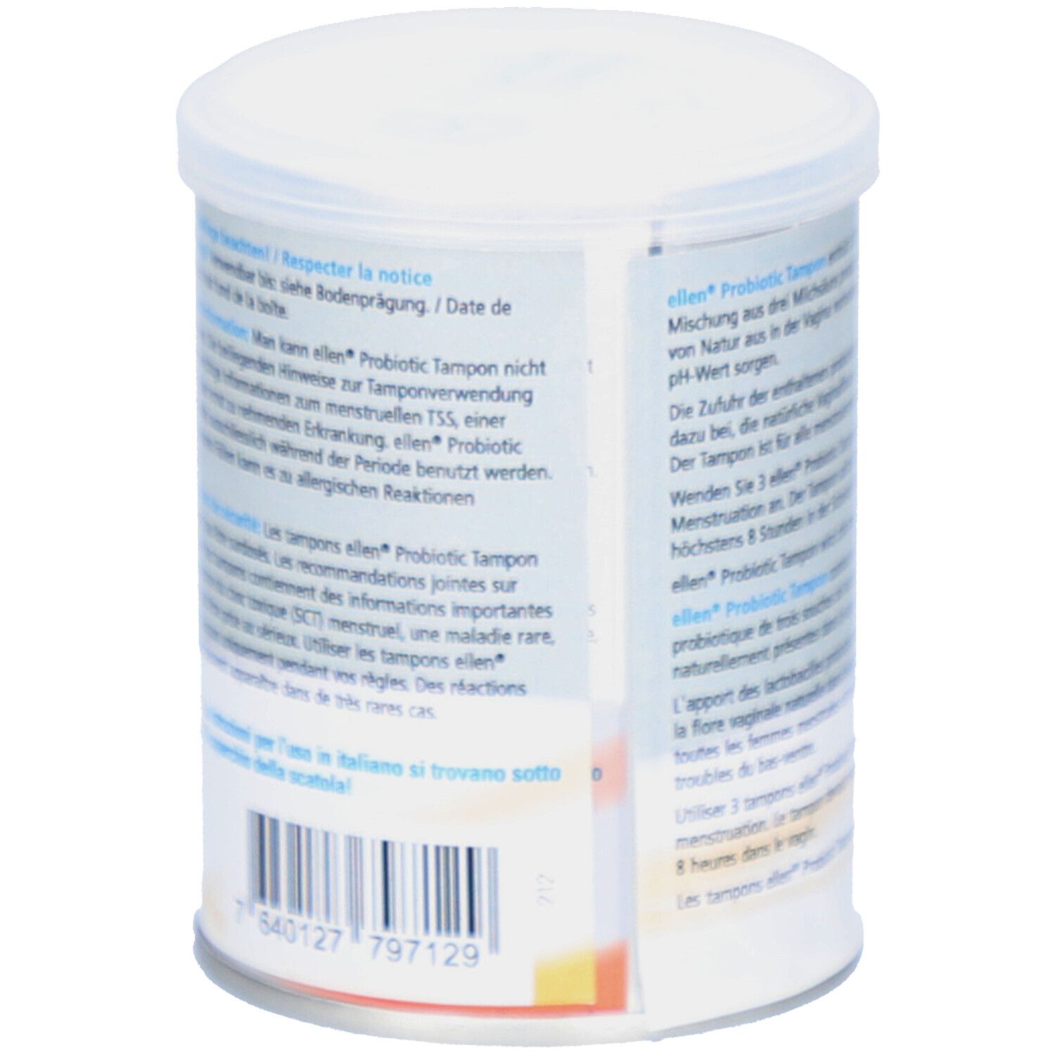 Dos de la boîte "ellen Probiotic Tampon". Informations textuelles en allemand, français et italien.