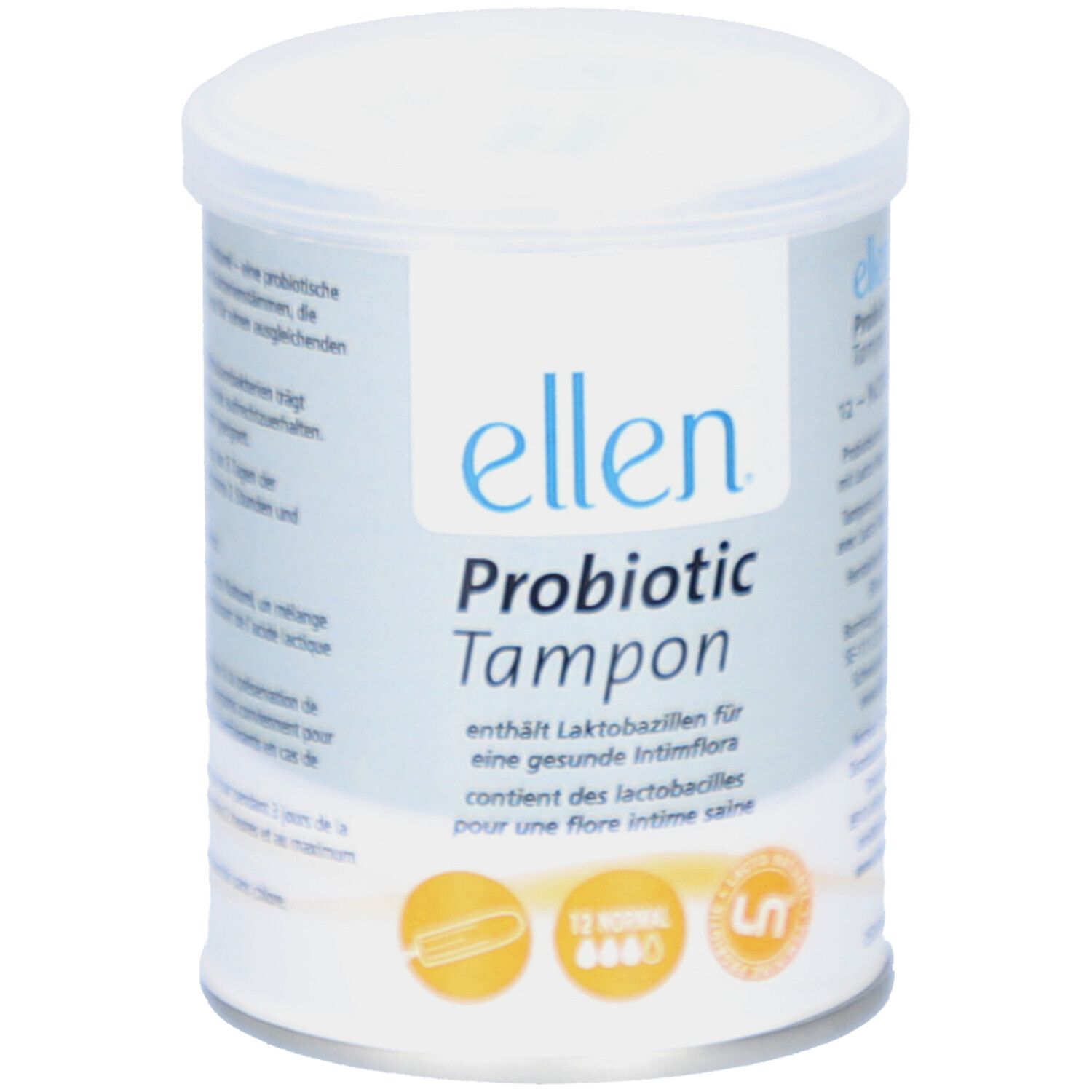 Boîte cylindrique "ellen Probiotic Tampon". Contient 12 tampons. Inscription: "12 NORMAL".