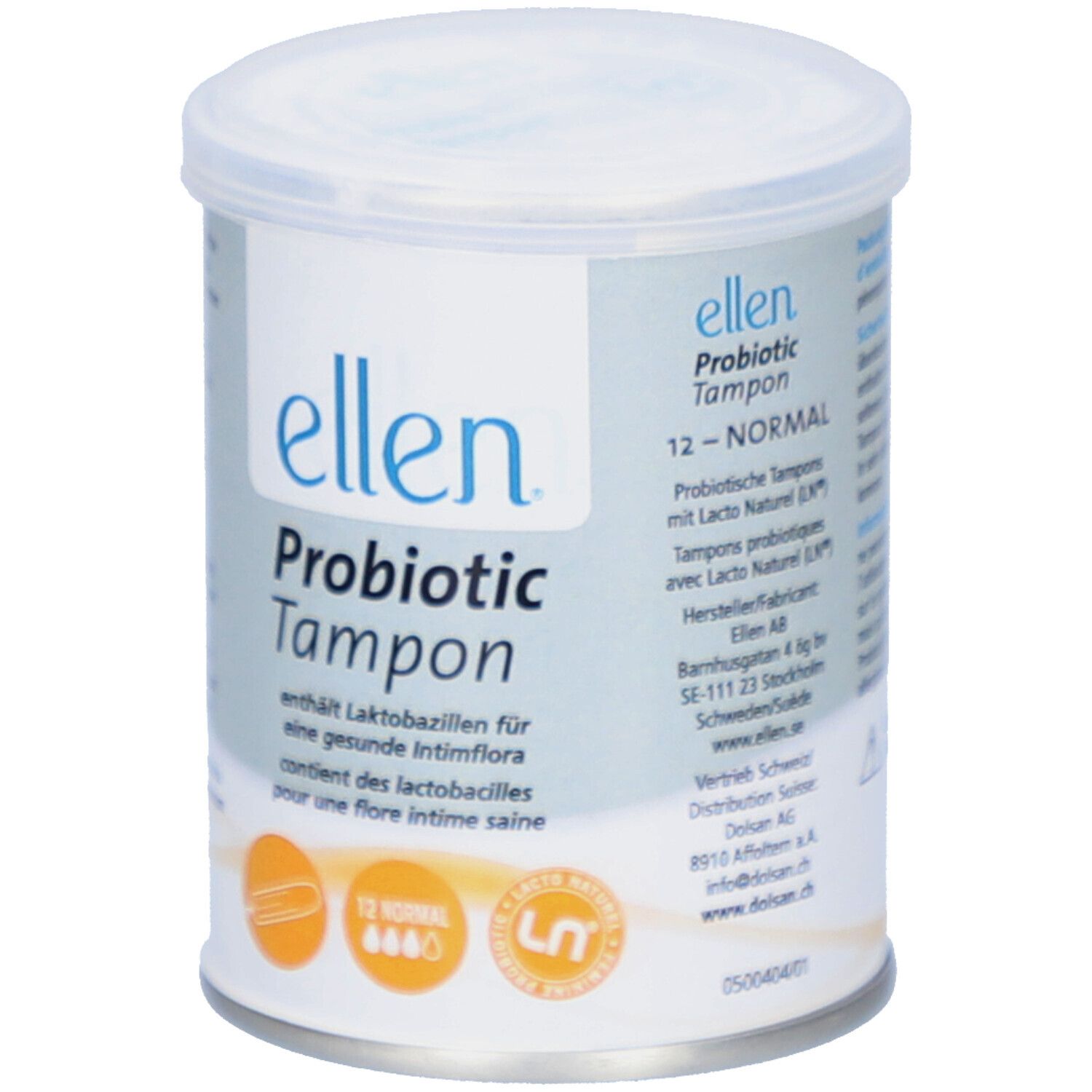 Boîte cylindrique "ellen Probiotic Tampon". Inscription: "12-NORMAL". Contient 12 tampons.