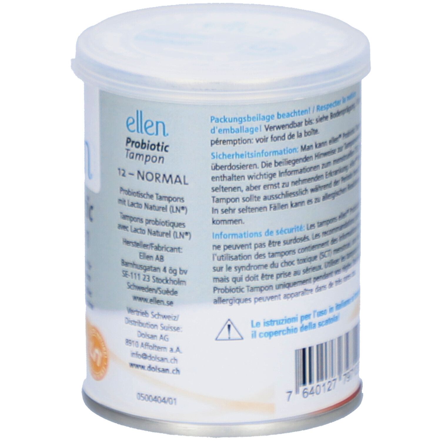 Dos de la boîte "ellen Probiotic Tampon". Informations textuelles et code-barres.