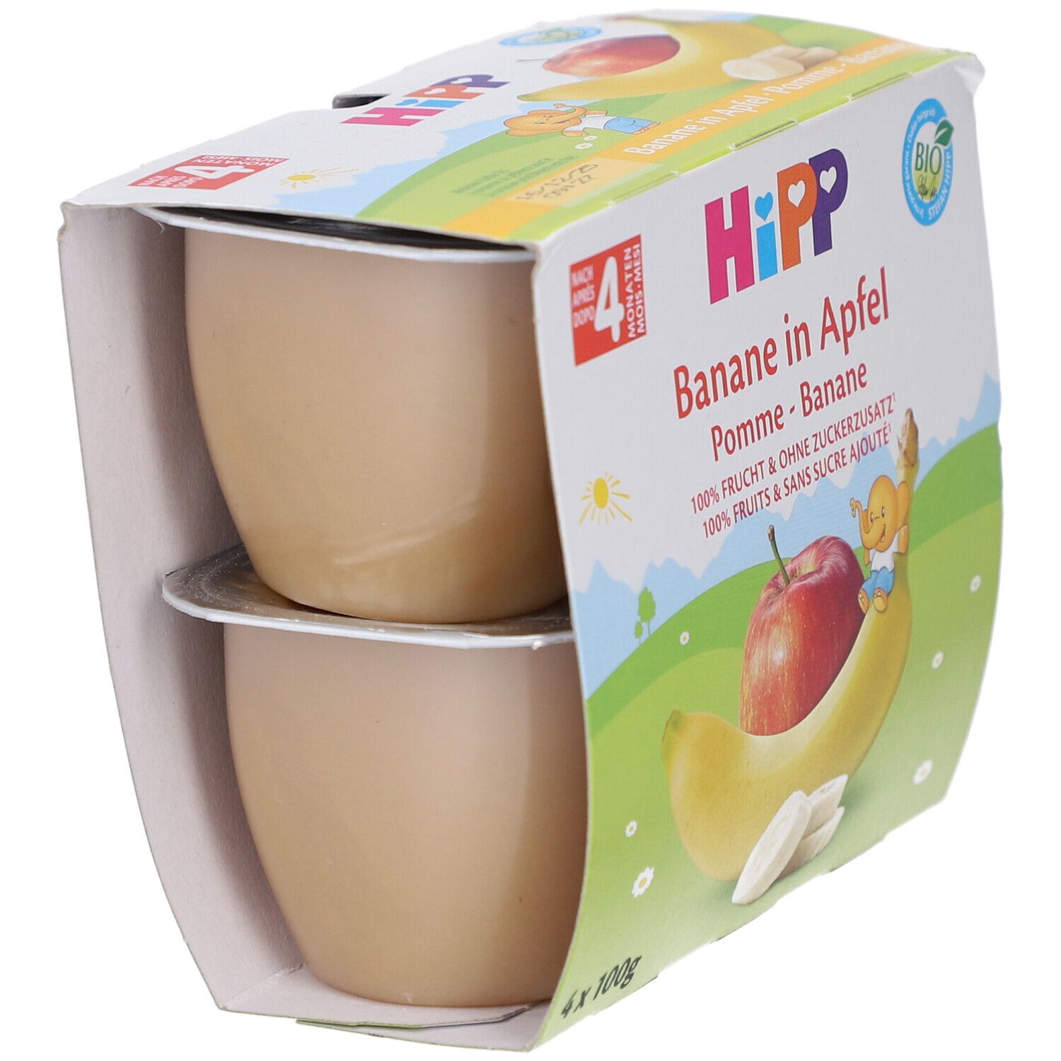 Verpackung mit zwei Bechern Fruchtpüree. Aufdruck: HIPP, Apfel-Banane. Sichtbar: zwei Becher, Apfel, Banane.