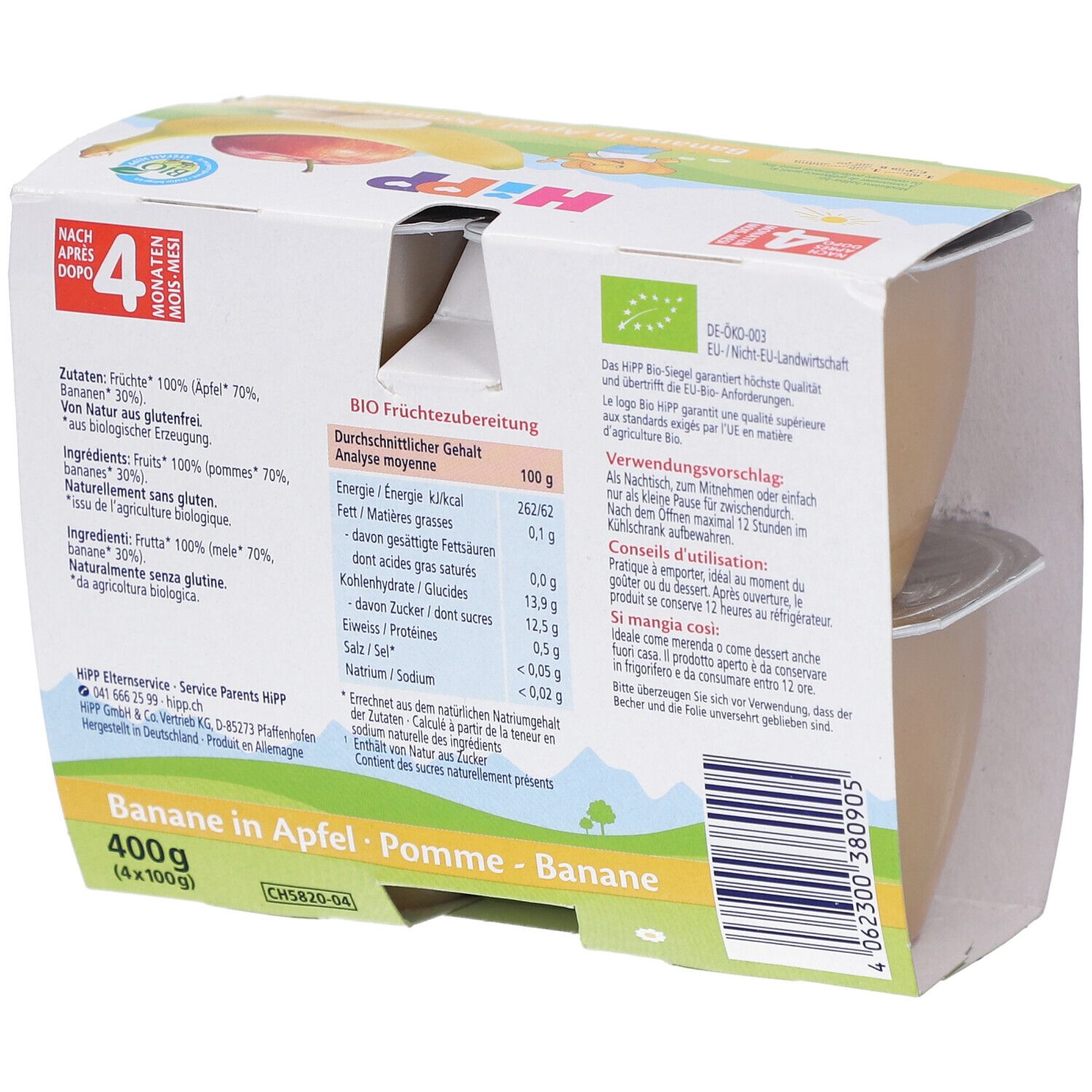 Rückseite der Verpackung mit Nährwertangaben und Zubereitungshinweisen. Aufdruck: HIPP, Apfel-Banane, 400g.