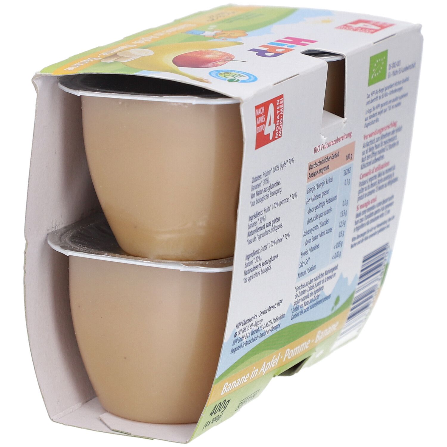 Verpackung mit zwei Bechern Fruchtpüree. Aufdruck: HIPP, Apfel-Banane. Sichtbar: zwei Becher, Nährwertangaben.