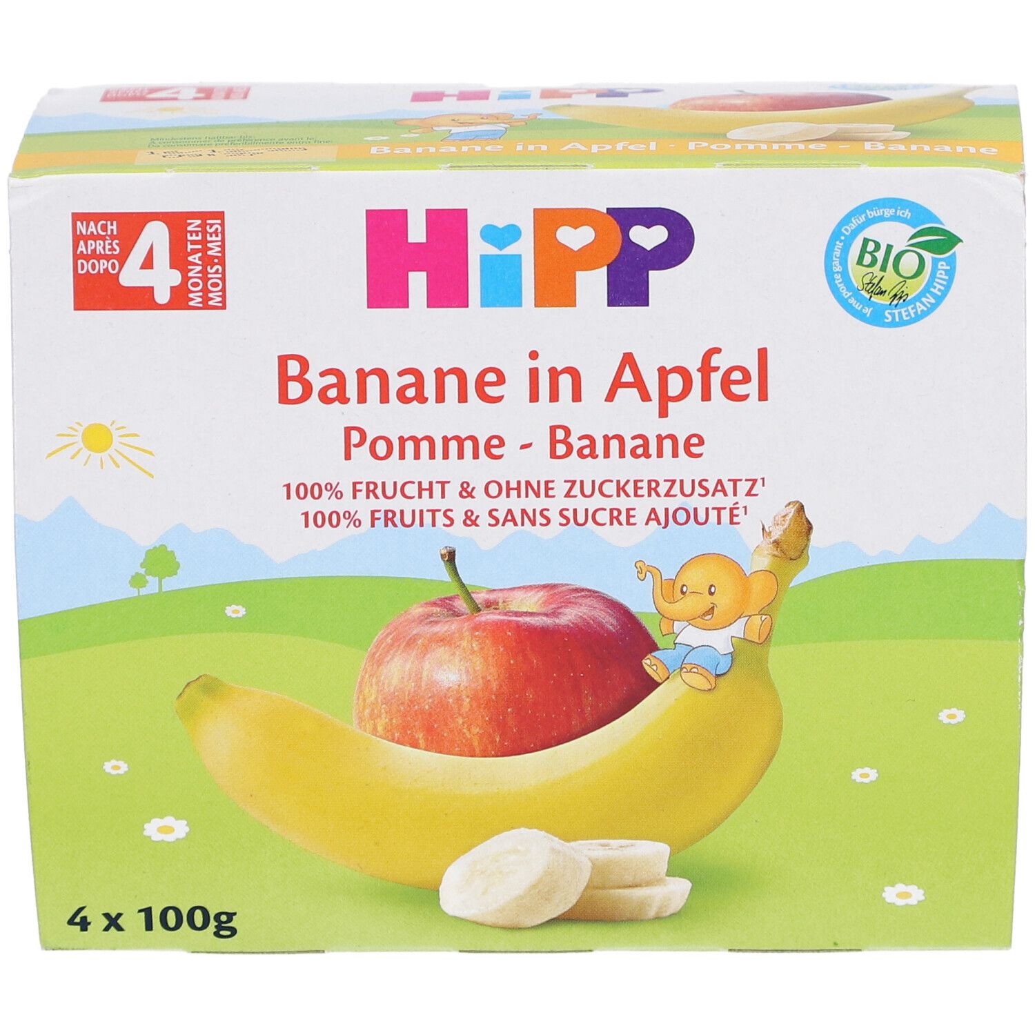 Verpackung mit vier Bechern Fruchtpüree. Aufdruck: HIPP, Apfel-Banane, 4 x 100g. Abgebildet: Apfel, Banane, Elefant.