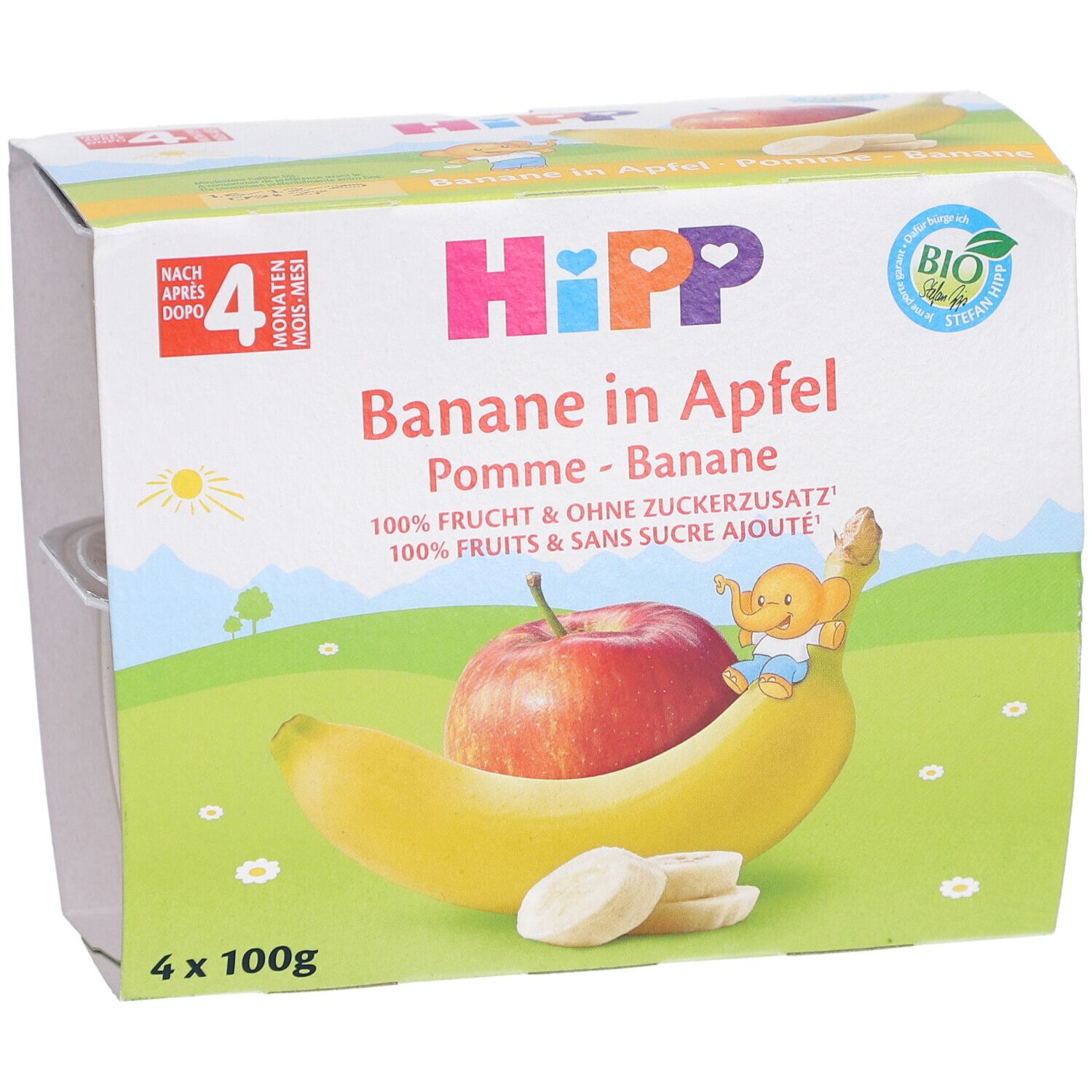 Verpackung mit vier Bechern Fruchtpüree. Aufdruck: HIPP, Apfel-Banane, 4 x 100g. Abgebildet: Apfel, Banane, Elefant.