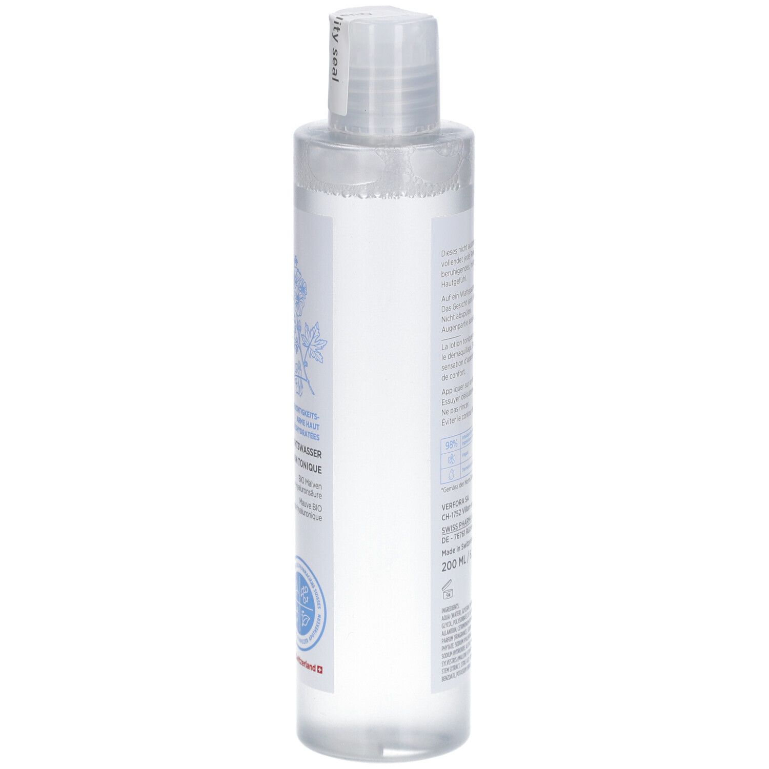 Flacon transparent avec étiquette blanche. Informations produit, logo Dermafora, 200 ml. Fabriqué en Suisse.