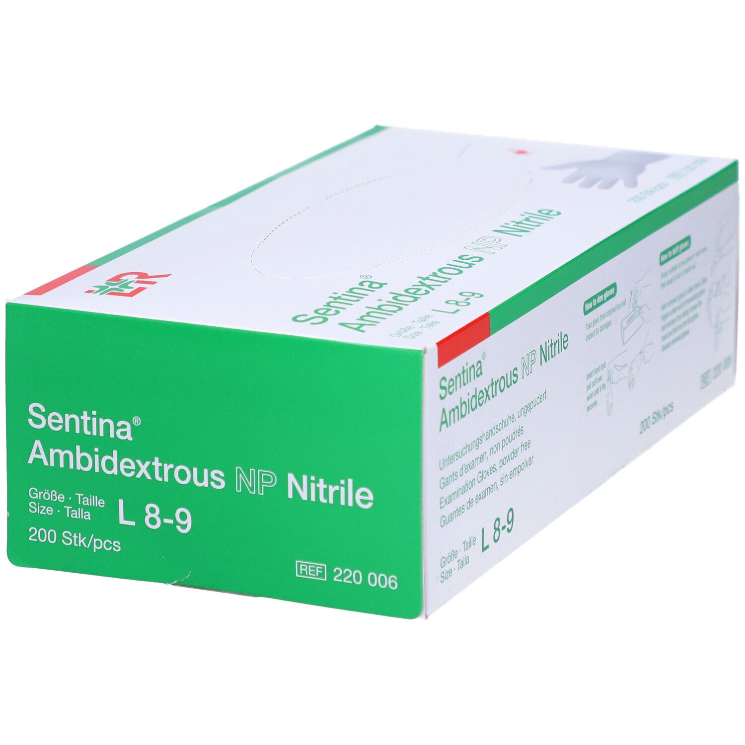 Karton mit SENTINA Ambidextrous L 8-9 Nitril-Handschuhen. Grün-weiße Verpackung. Aufdruck: 200 Stück.