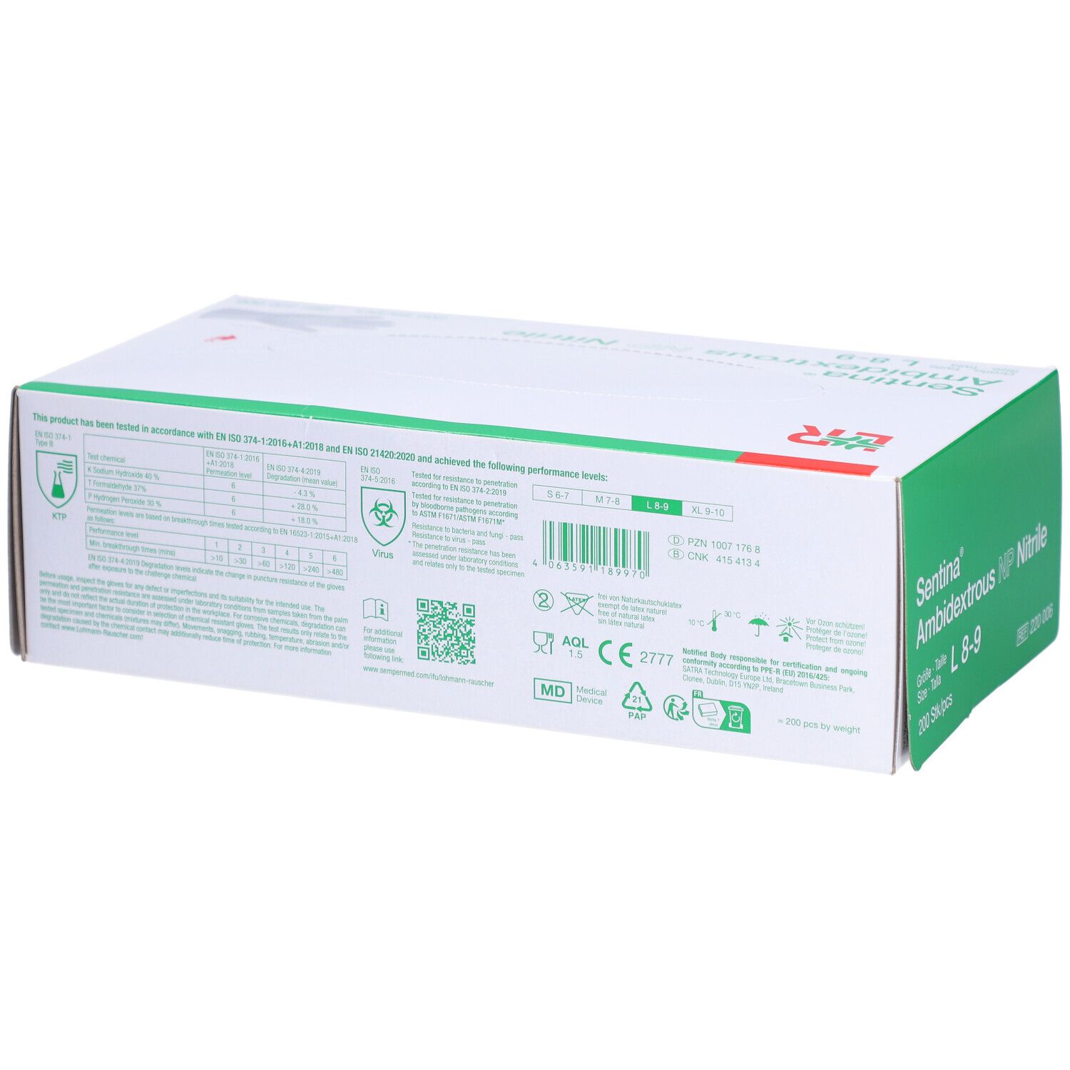 Rückseite des Kartons mit SENTINA Ambidextrous L 8-9 Nitril-Handschuhen. Informationen zu Zertifizierungen und Inhaltsstoffen.