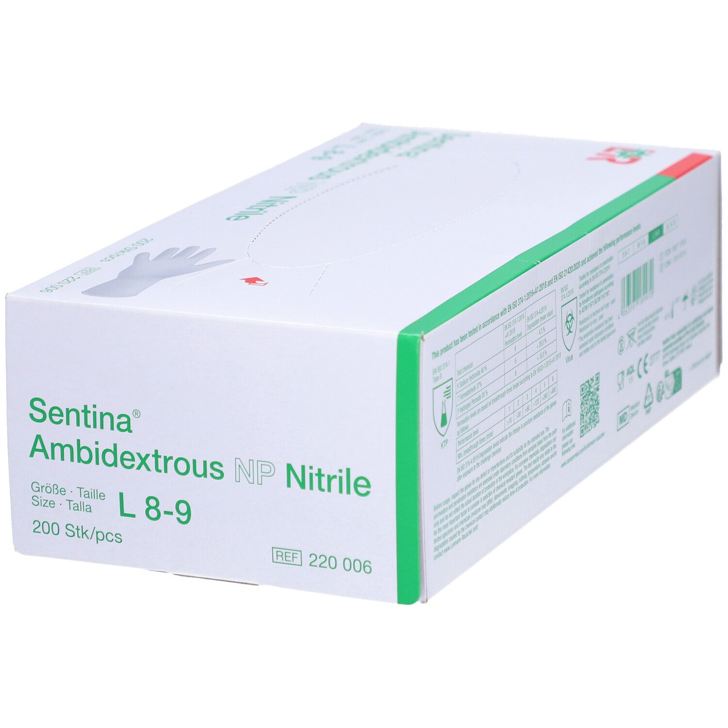 Karton mit SENTINA Ambidextrous L 8-9 Nitril-Handschuhen. Grün-weiße Verpackung. Aufdruck: 200 Stück.
