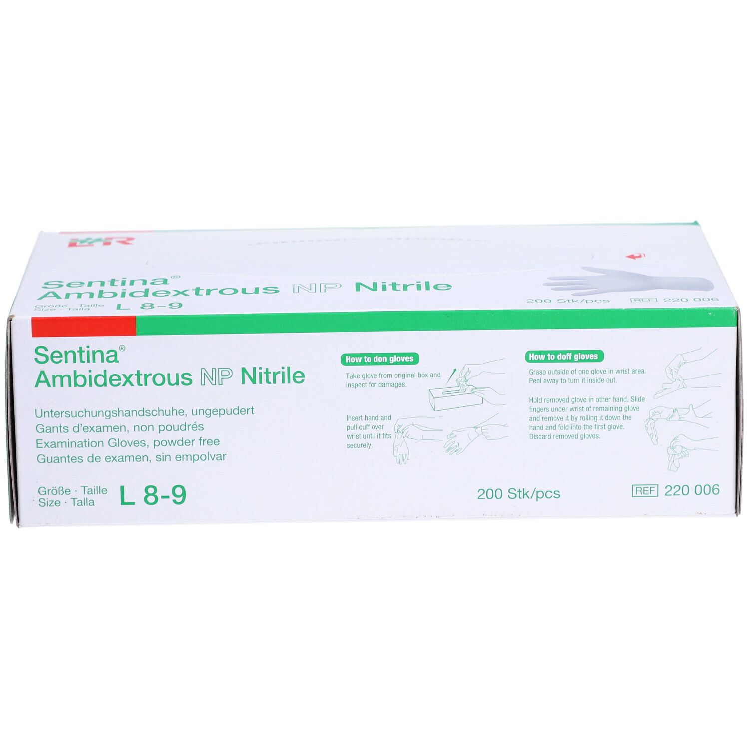 Karton mit SENTINA Ambidextrous L 8-9 Nitril-Handschuhen. Aufdrucke: Untersuchungshandschuhe, puderfrei, 200 Stück. Anweisungen.