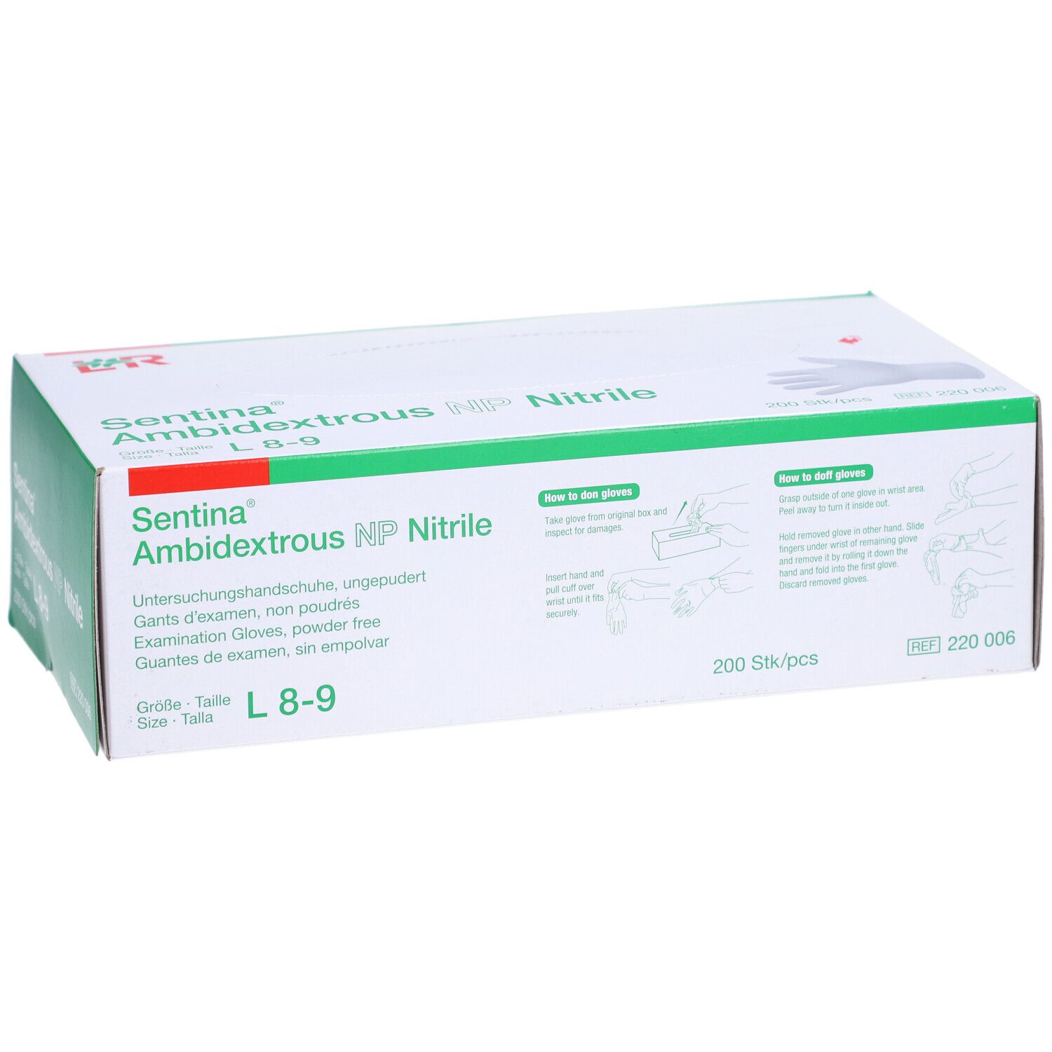 Karton mit SENTINA Ambidextrous L 8-9 Nitril-Handschuhen. Aufdrucke: Untersuchungshandschuhe, puderfrei, 200 Stück. Anweisungen.