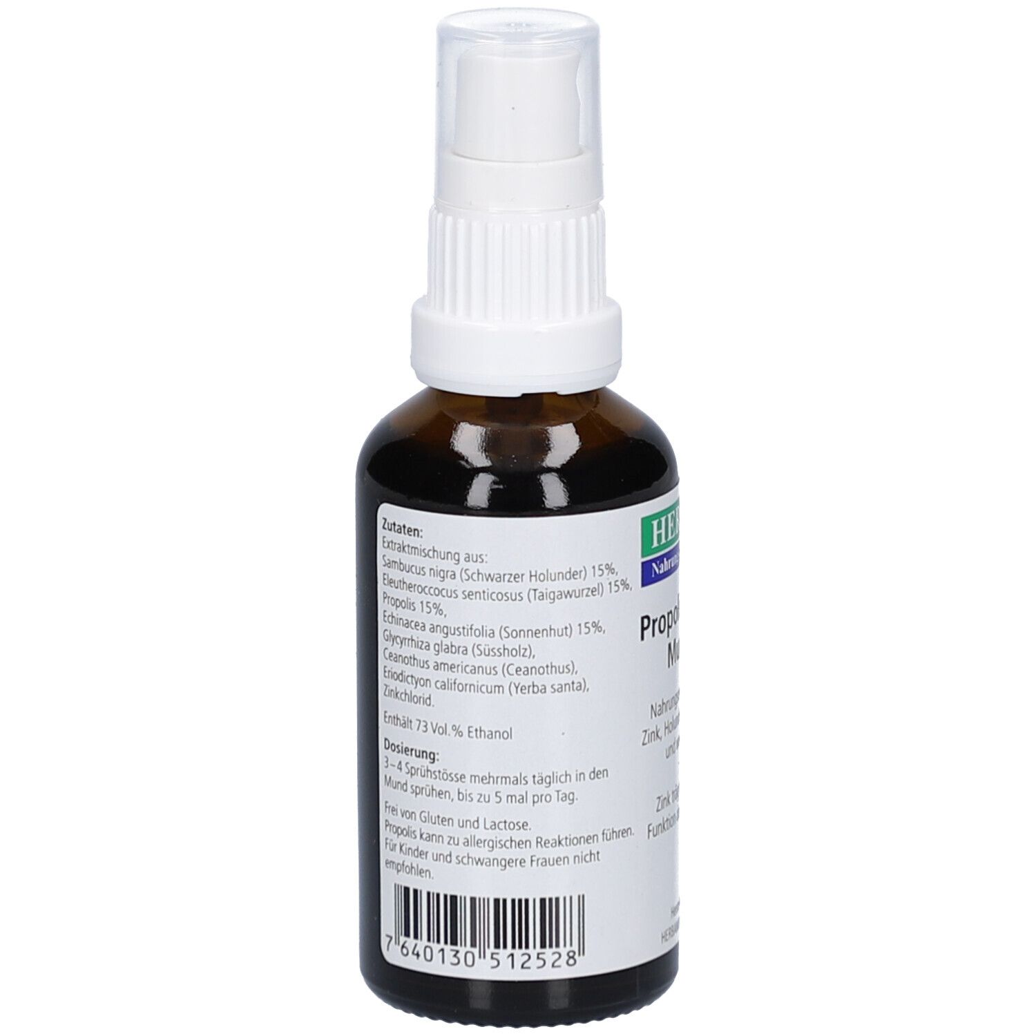 Rückseite der braunen Glasflasche mit weißem Sprühkopf. Enthält Zutatenliste und Anwendungshinweise. Text in deutscher Sprache.