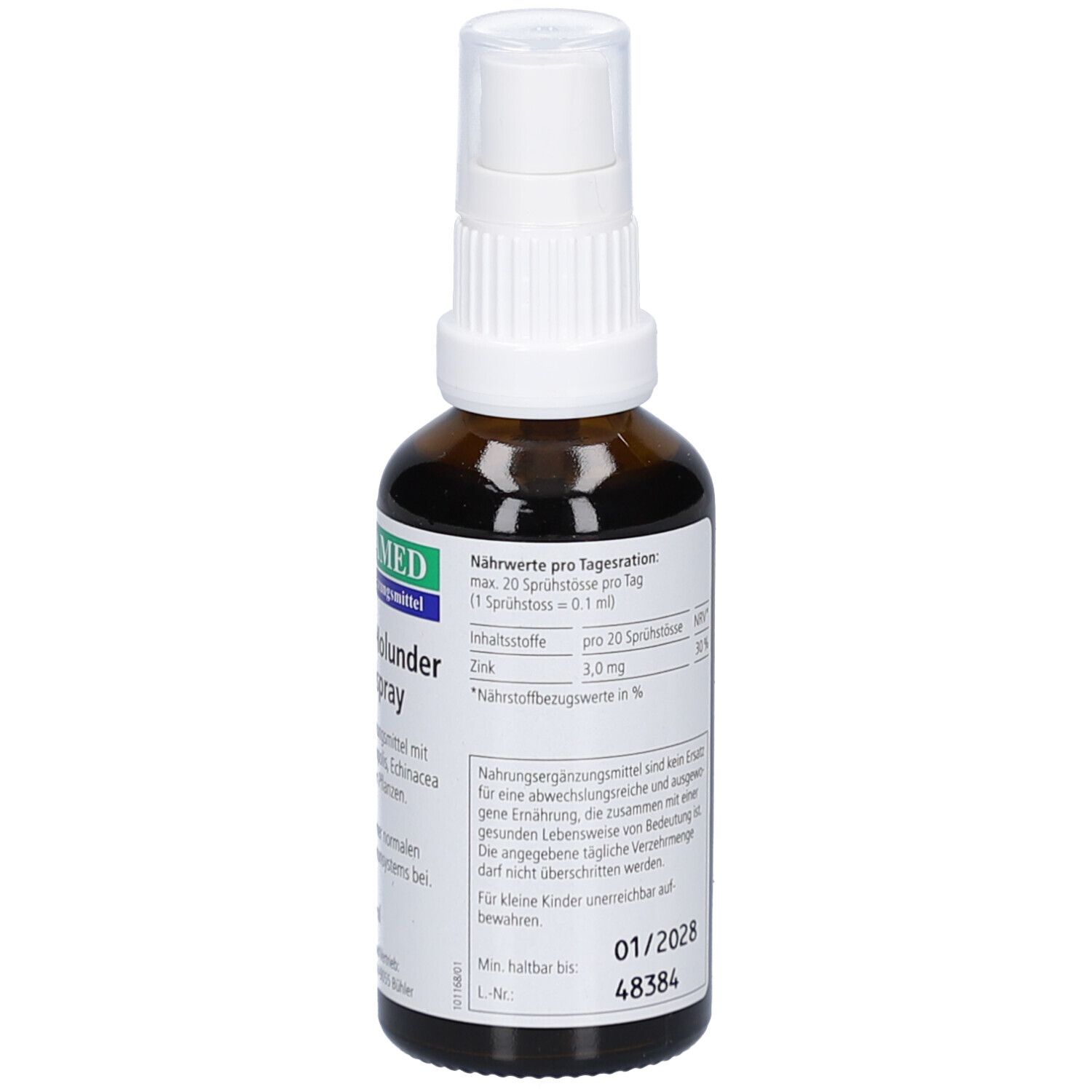 Rückseite der braunen Glasflasche mit weißem Sprühkopf. Enthält Nährwertangaben und Haltbarkeitsdatum. Text in deutscher Sprache.