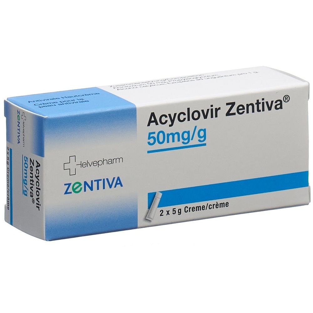 Emballage en carton de la crème ACYCLOVIR Zentiva. Coloris bleu et blanc avec informations produit. Inscription : 50 mg/g.