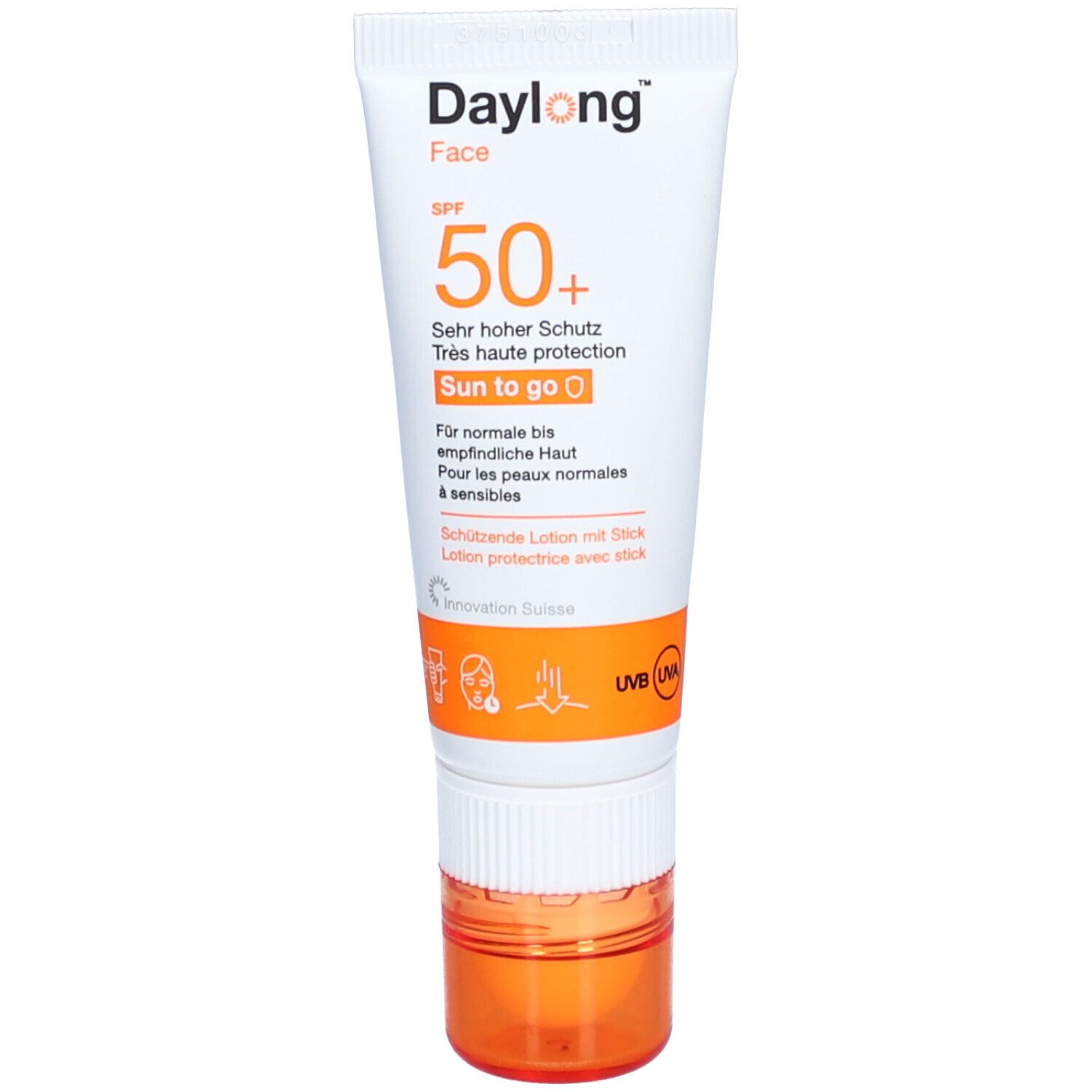 Weiße Tube mit orangefarbenem Deckel. Text: Daylong Face SPF 50+. Sun to go. Für normale bis empfindliche Haut.