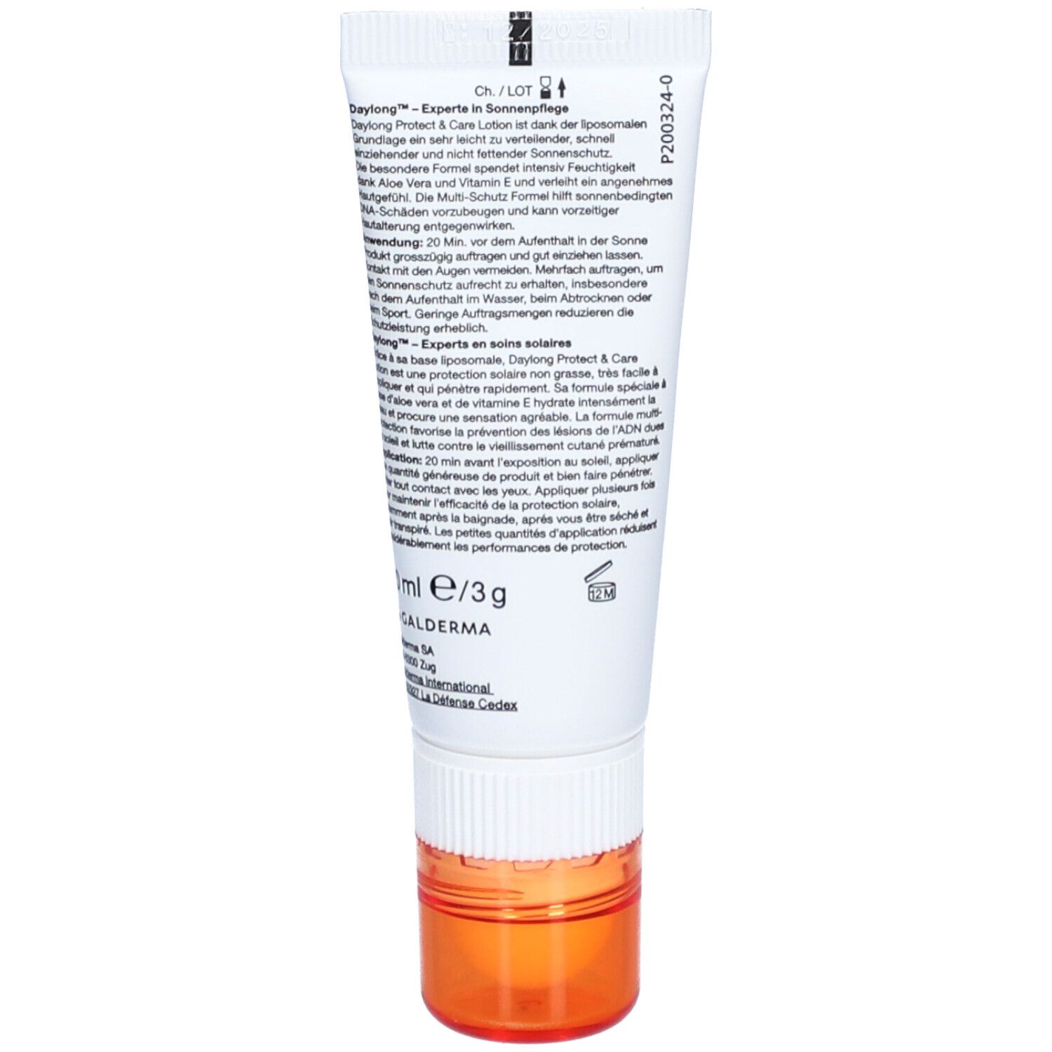 Rückseite der Tube. Text: Daylong Protect & Care Lotion. Inhaltsstoffe. 3g. Herstellerinformationen.