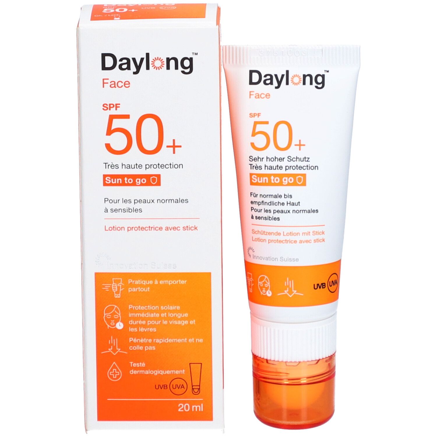 Produktverpackung und Tube. Verpackung: weiß und orange. Text: Daylong Face SPF 50+. Sun to go. 20 ml.