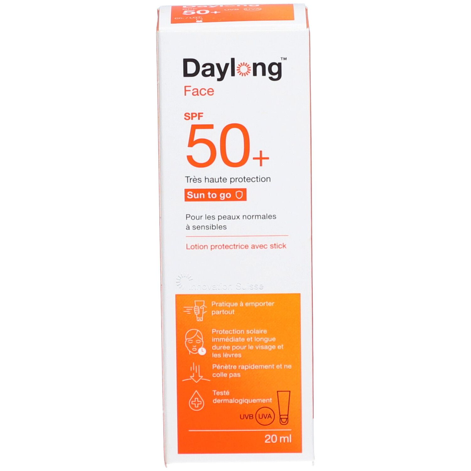 Produktverpackung. Weiß und orange. Text: Daylong Face SPF 50+. Sun to go. 20 ml. Piktogramme.