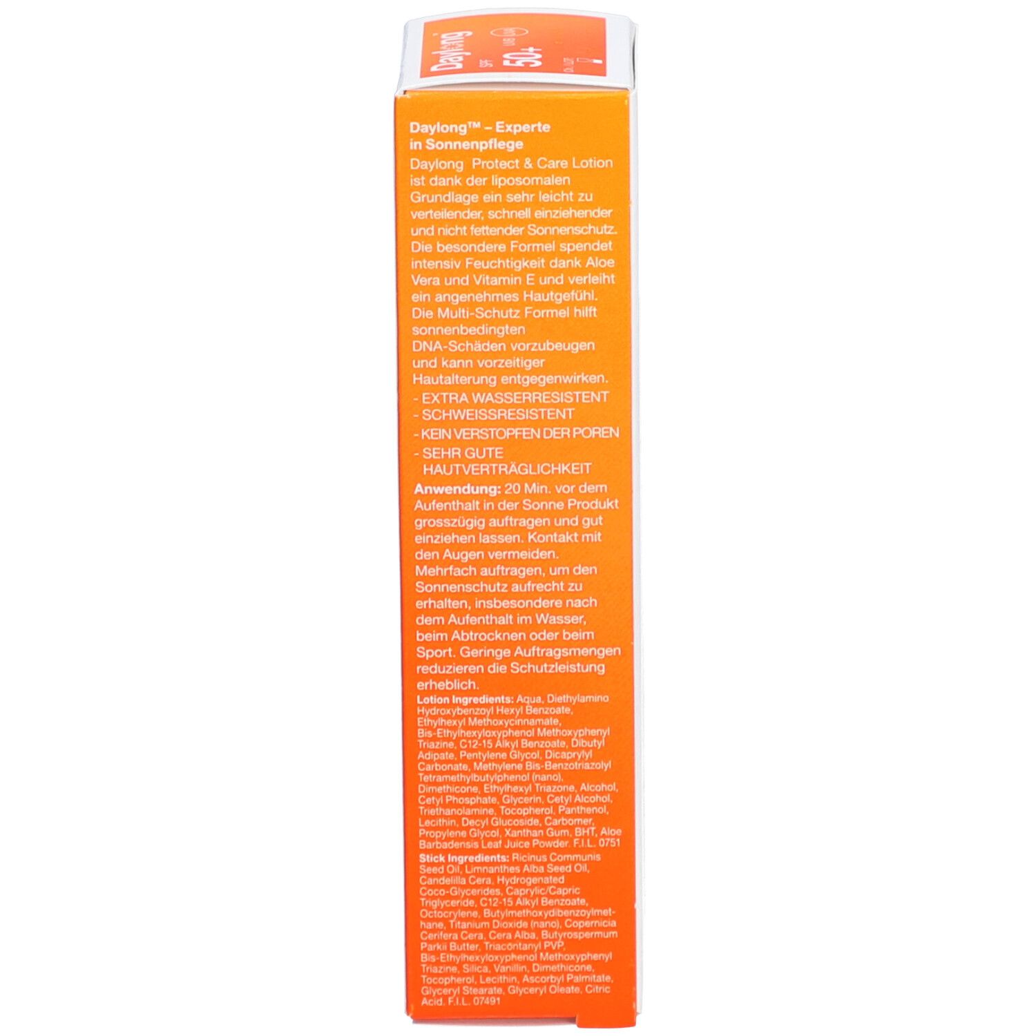 Rückseite der Verpackung. Text: Daylong Protect & Care Lotion. Inhaltsstoffe. Anwendungshinweise.