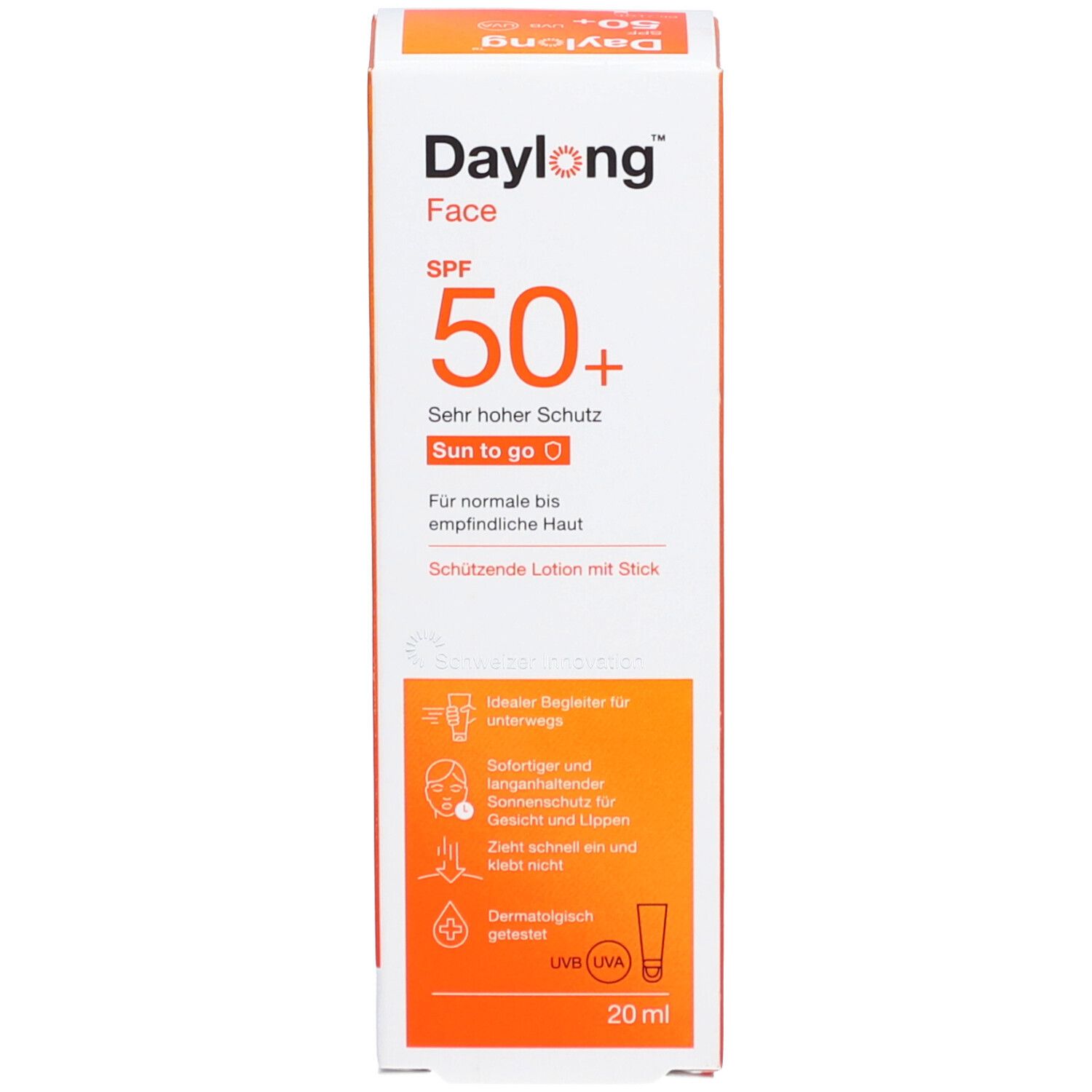 Produktverpackung. Text: Daylong Face SPF 50+. Sun to go. 20 ml. Piktogramme. Ideal für unterwegs.