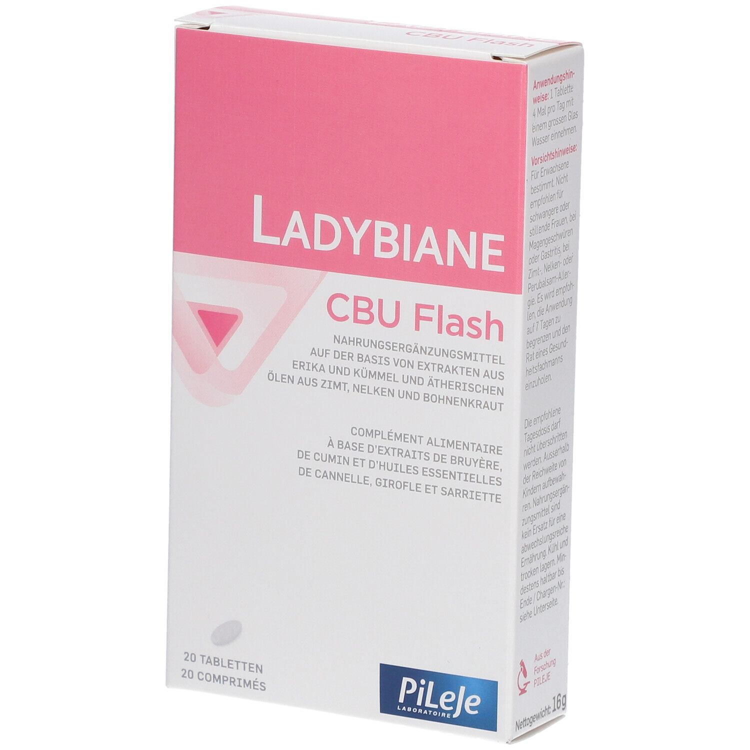 Boîte blanche et rose. Inscription: LADYBIANE CBU Flash. 20 comprimés. Logo Pileje.