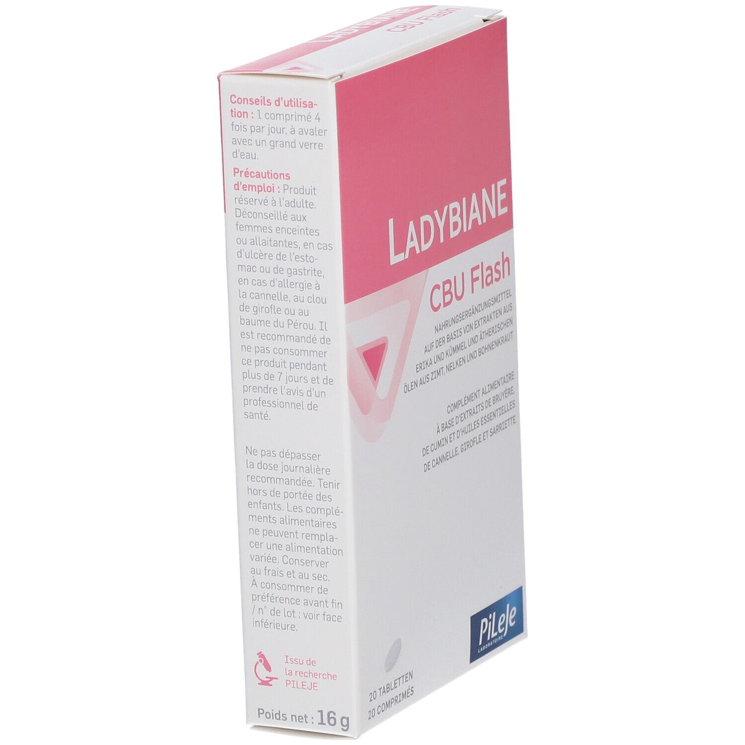 Boîte avec accents roses. Inscription: LADYBIANE CBU Flash. Texte sur l'utilisation et les précautions. Logo Pileje.