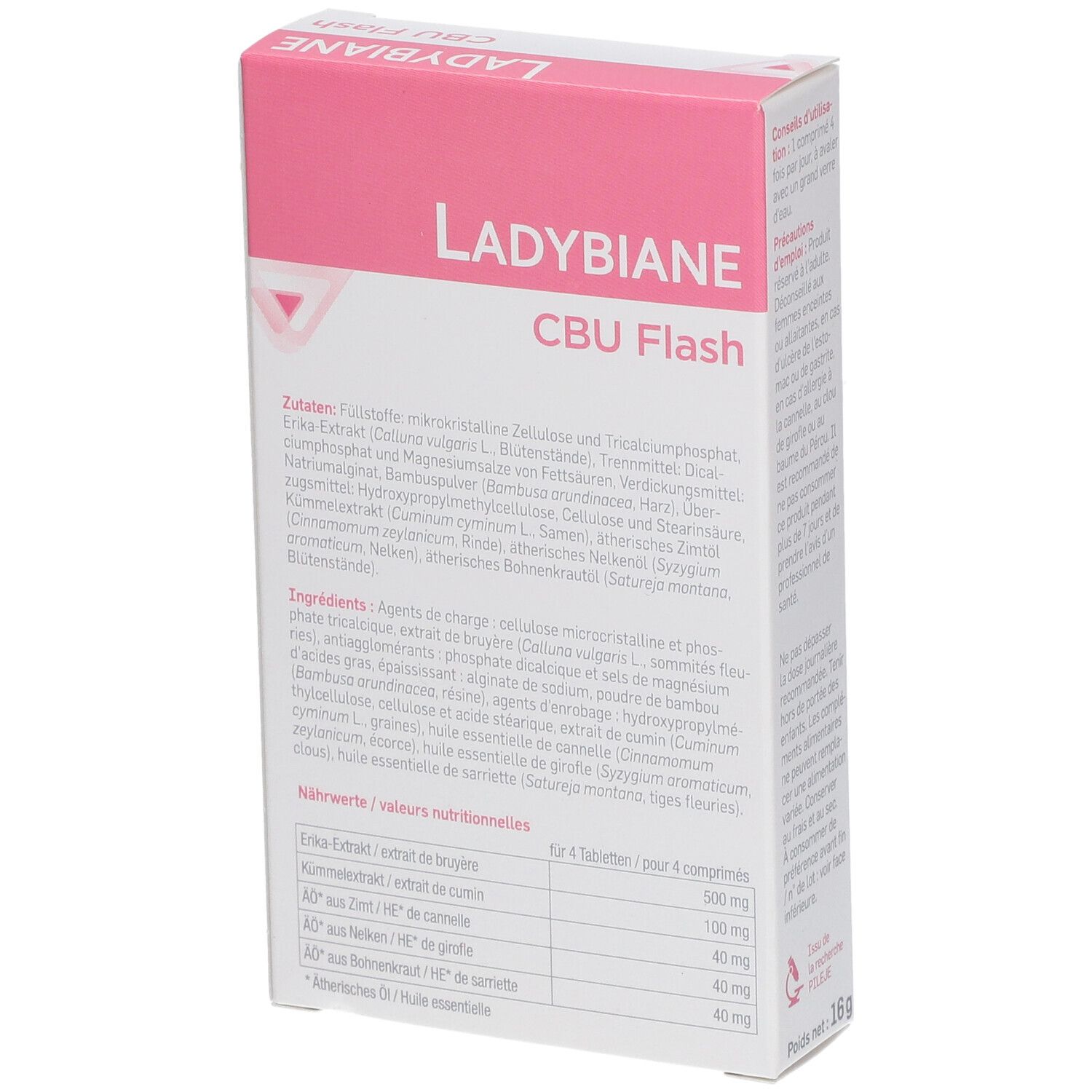 Boîte avec ingrédients et informations nutritionnelles. Inscription: LADYBIANE CBU Flash. Logo Pileje. 16g.
