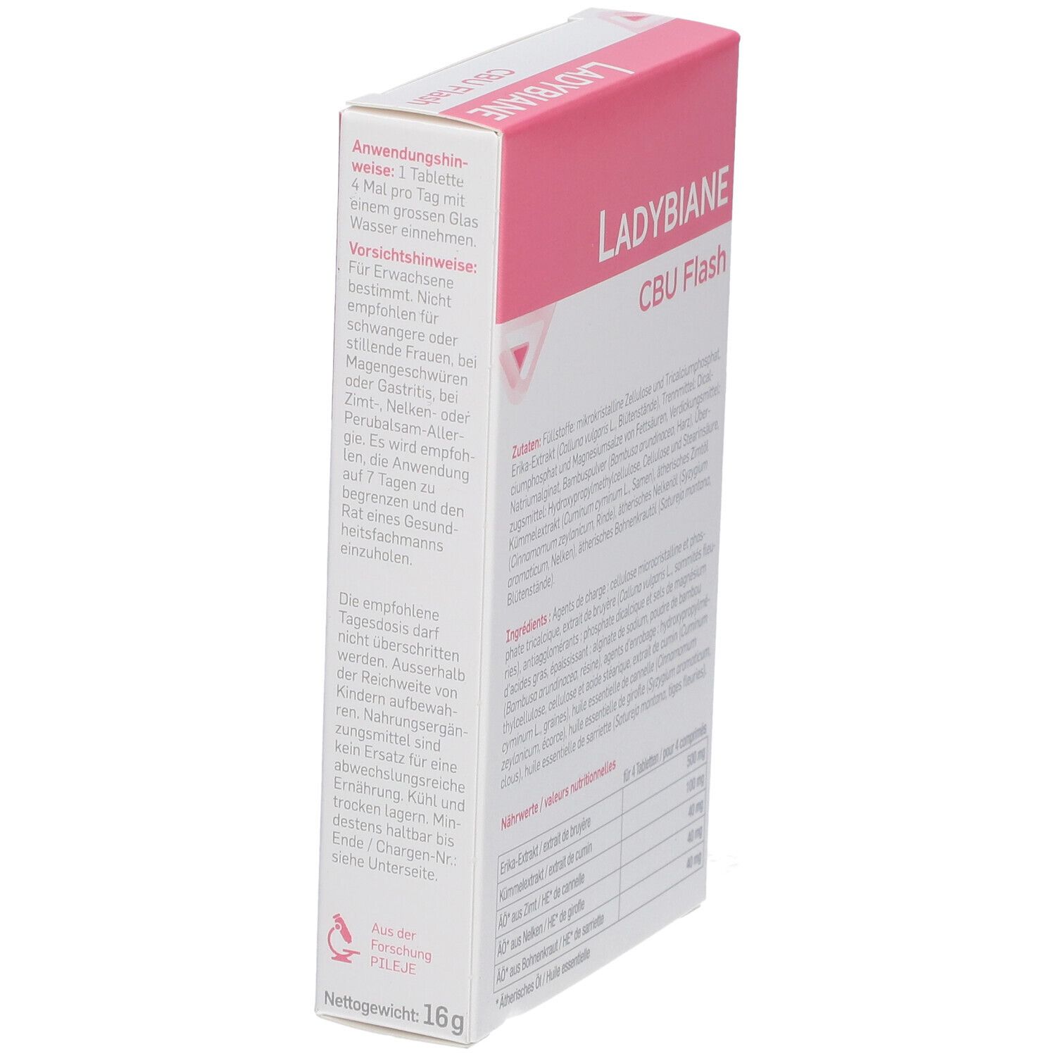 Boîte avec texte sur les instructions d'utilisation et les précautions. Inscription: LADYBIANE CBU Flash. Logo Pileje. 16g.