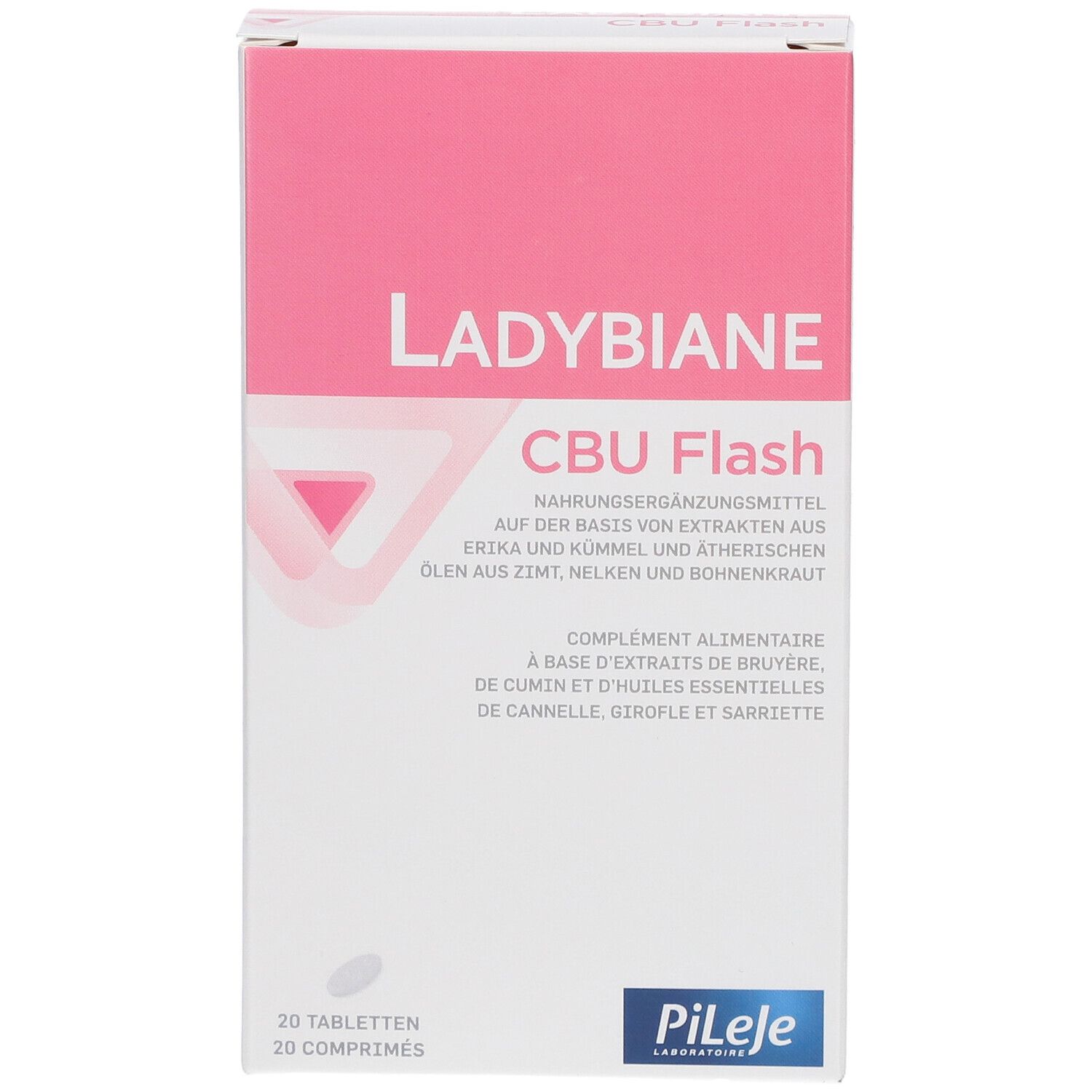 Boîte blanche et rose. Inscription: LADYBIANE CBU Flash. 20 comprimés. Logo Pileje.