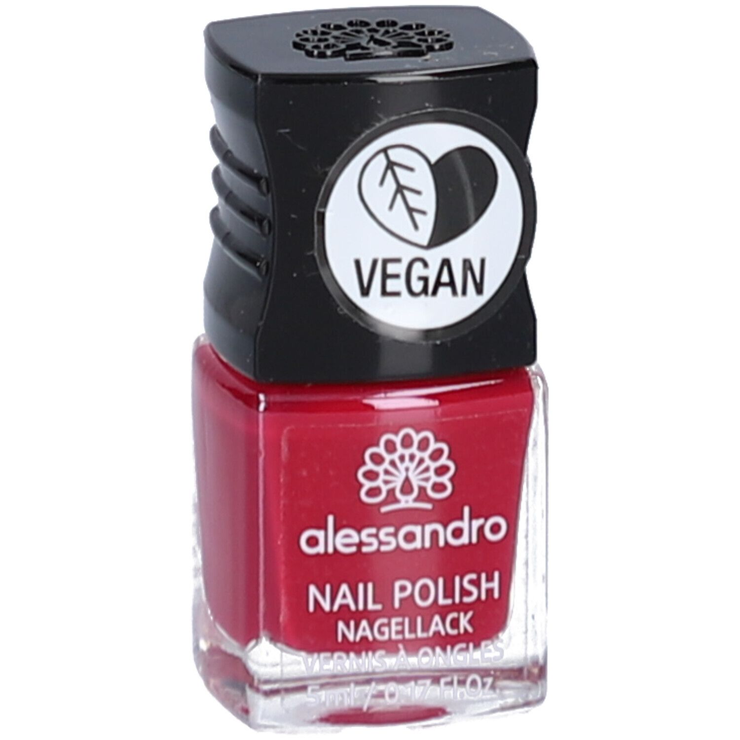 Roter Nagellackflakon mit schwarzem Deckel. Vegan-Logo. Aufschrift: alessandro, Nail Polish, Nagellack.