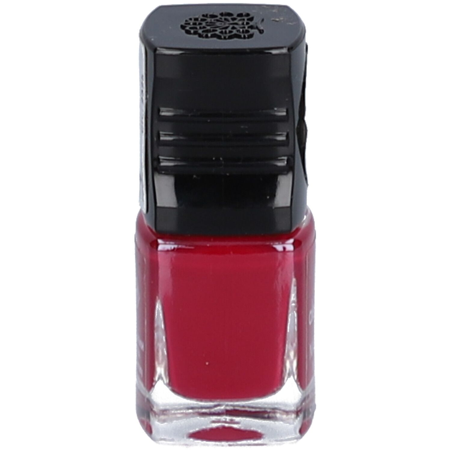 Roter Nagellackflakon mit schwarzem Deckel. Klare Glasflasche.
