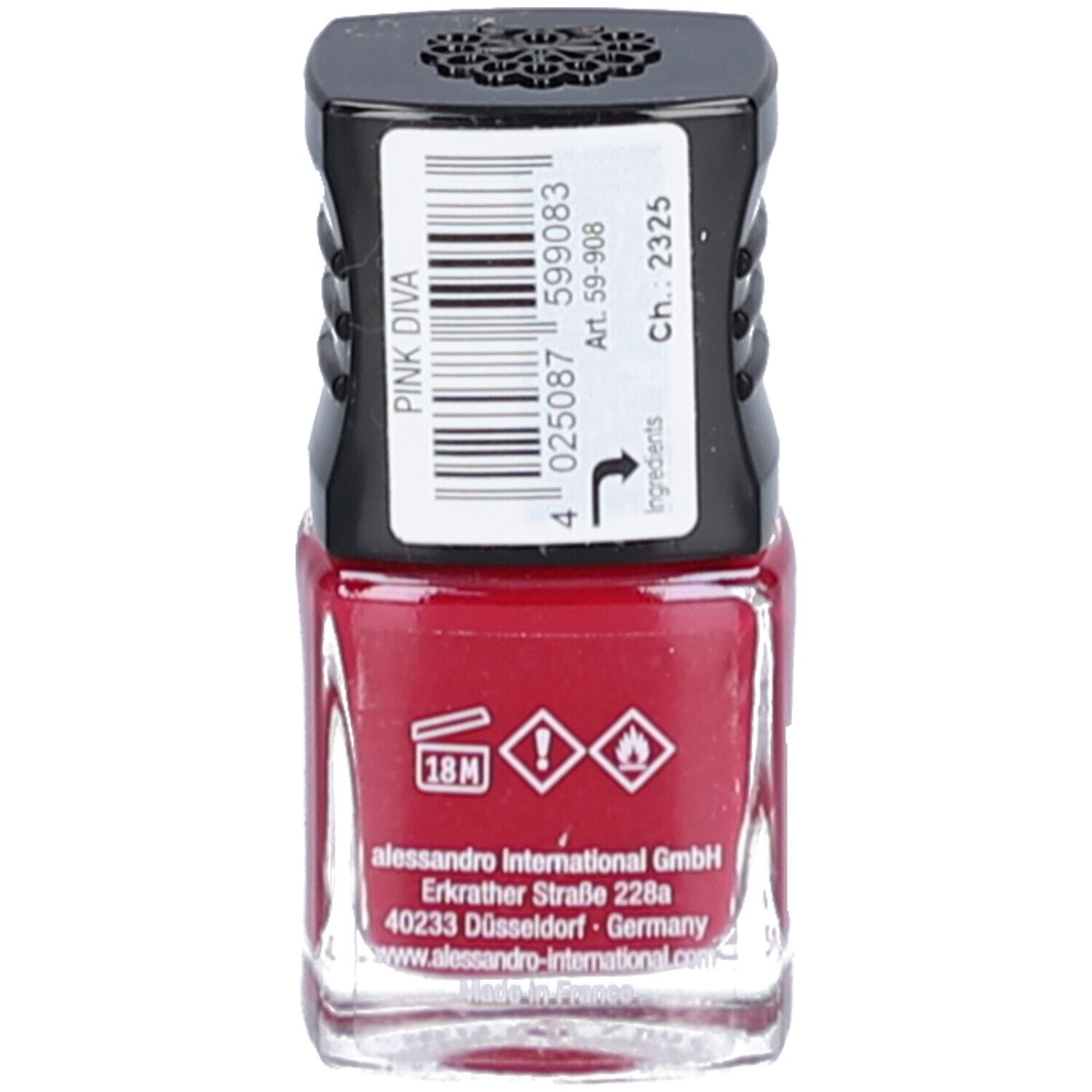 Rückseite eines roten Nagellackflakons. Barcode, Warnhinweise, Herstelleradresse. Aufschrift: Pink Diva.