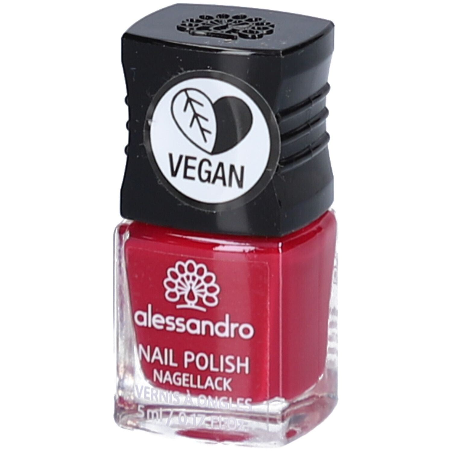 Roter Nagellackflakon mit schwarzem Deckel. Vegan-Logo. Aufschrift: alessandro, Nail Polish, Nagellack.