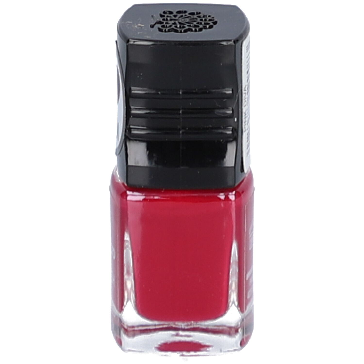 Roter Nagellackflakon mit schwarzem Deckel. Klare Glasflasche.