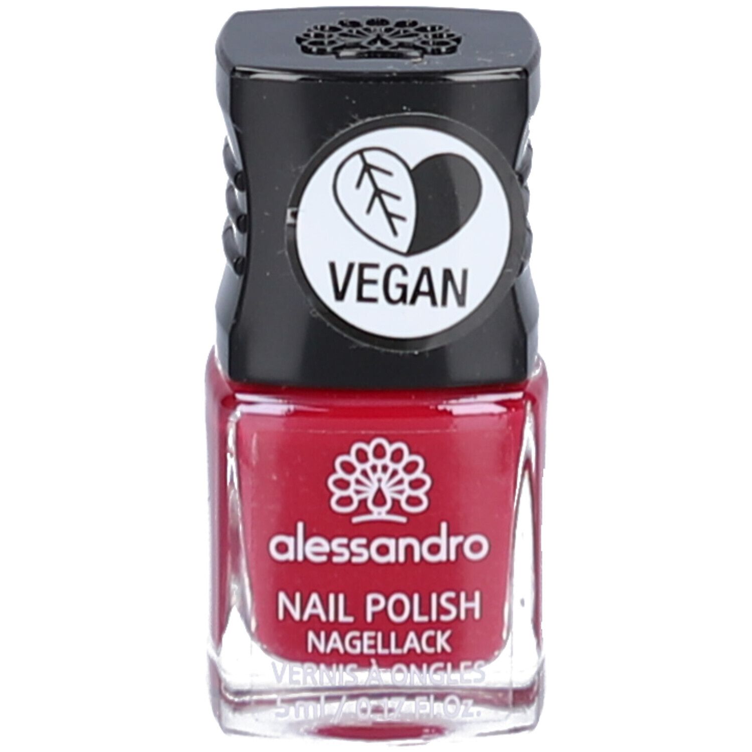 Roter Nagellackflakon mit schwarzem Deckel. Vegan-Logo. Aufschrift: alessandro, Nail Polish, Nagellack.