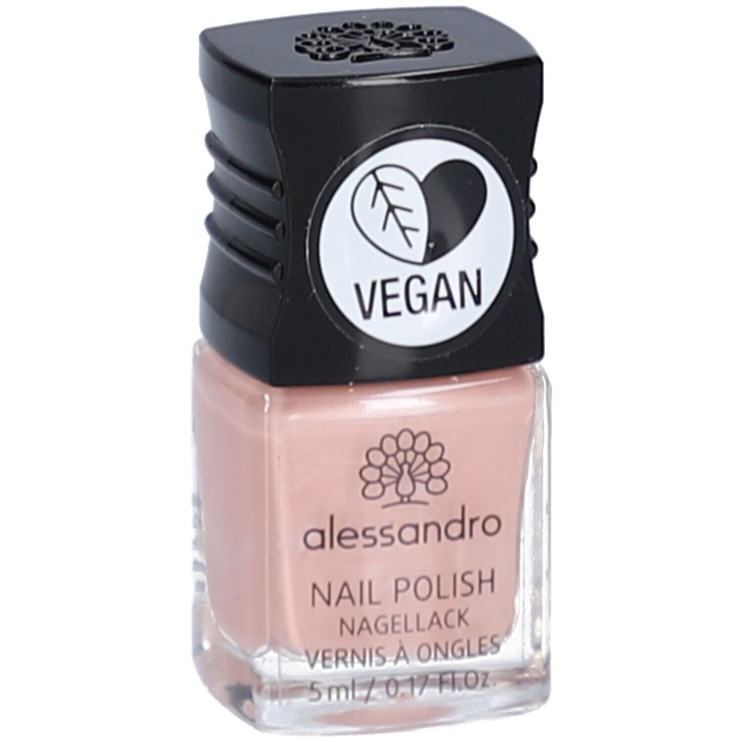 Nagellackflasche mit schwarzem Deckel. Aufschrift: alessandro, Nagellack, Vegan-Siegel. Farbe: Rosa. Volumen: 5 ml.