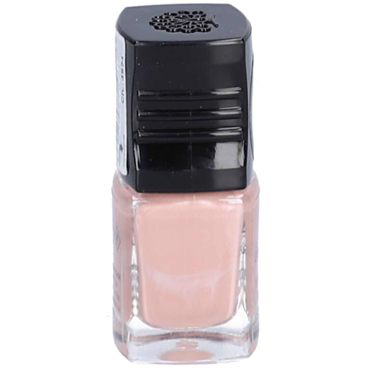 Nagellackflasche mit schwarzem Deckel. Farbe: Rosa. Aufkleber mit Produktinformationen. Volumen: 5 ml.