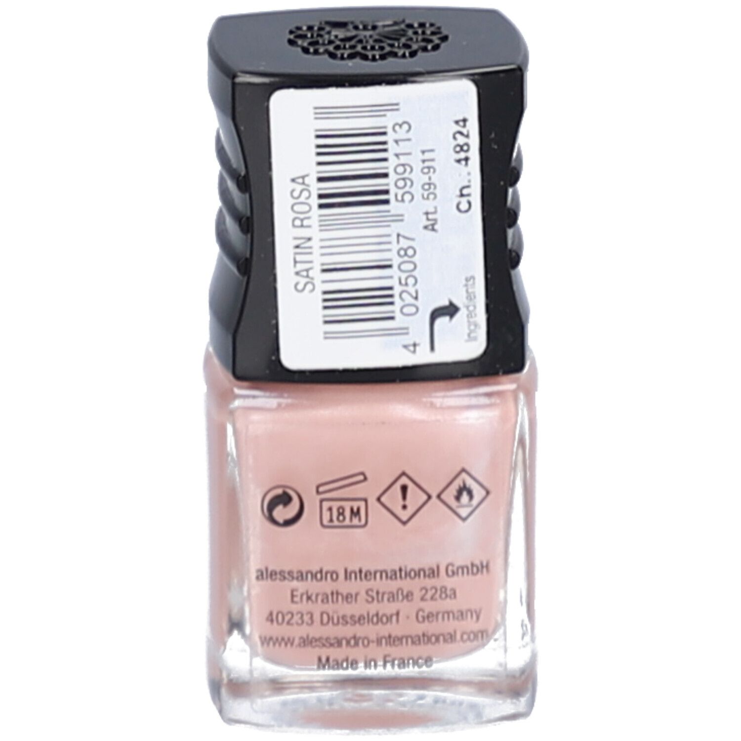 Rückseite einer Nagellackflasche. Aufschrift: Satin Rosa, alessandro, Warnhinweise, Inhaltsstoffe, Made in France.