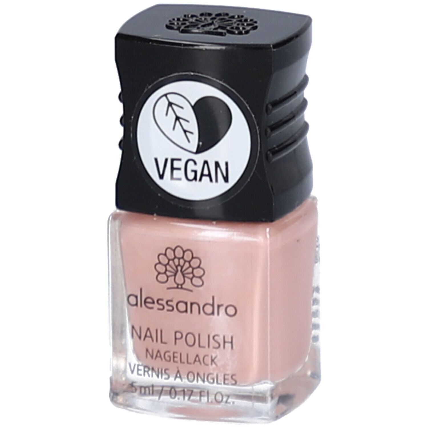 Nagellackflasche mit schwarzem Deckel. Aufschrift: alessandro, Nagellack, Vegan-Siegel. Farbe: Rosa. Volumen: 5 ml.