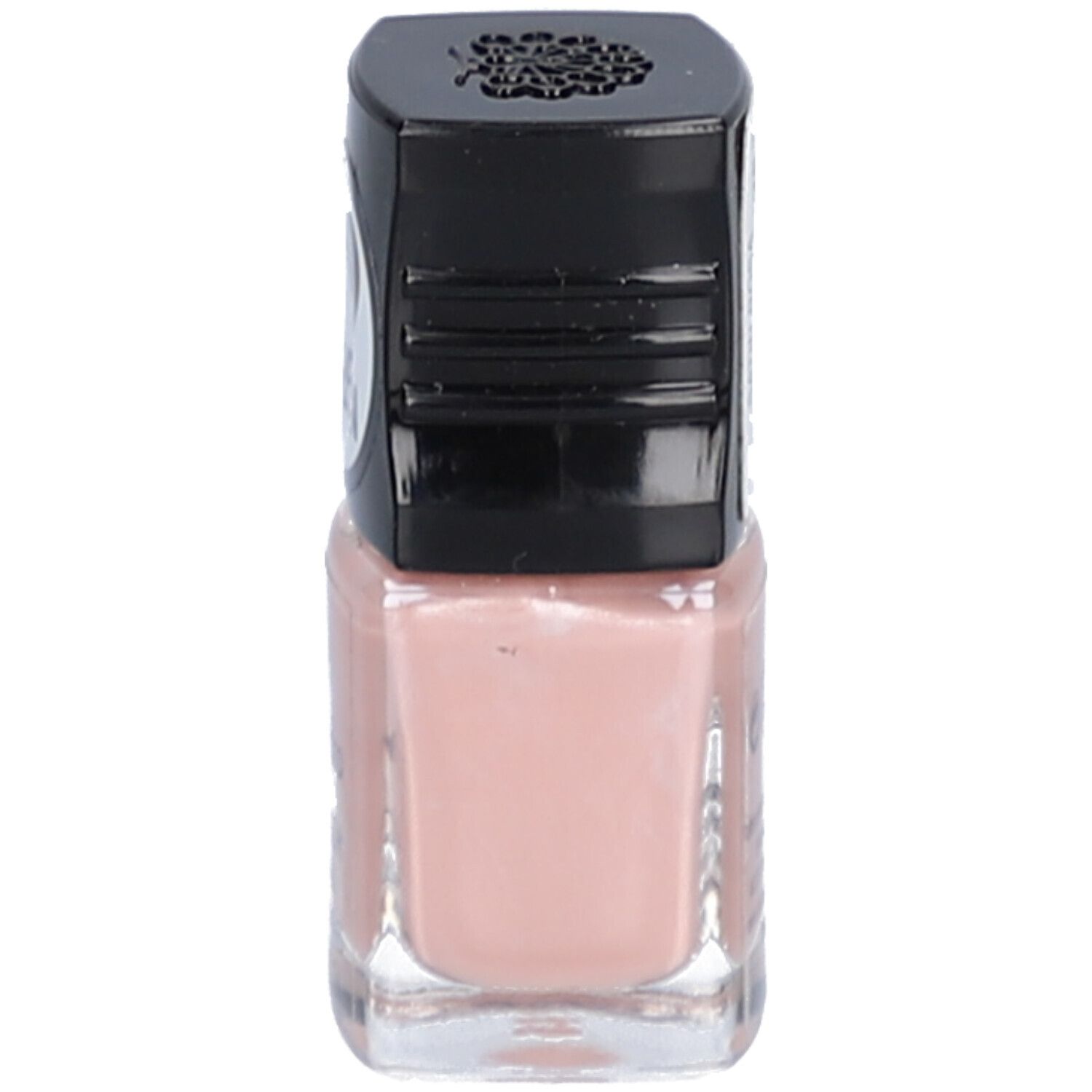 Nagellackflasche mit schwarzem Deckel. Farbe: Rosa. Volumen: 5 ml.