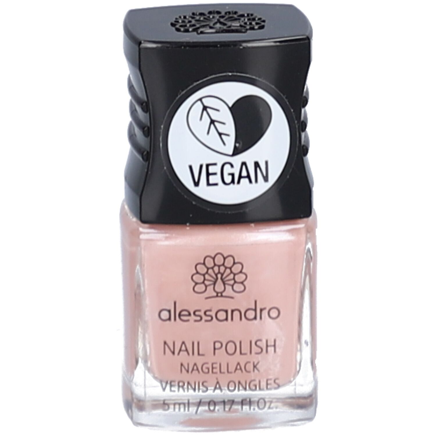 Nagellackflasche mit schwarzem Deckel. Aufschrift: alessandro, Nagellack, Vegan-Siegel. Farbe: Rosa. Volumen: 5 ml.