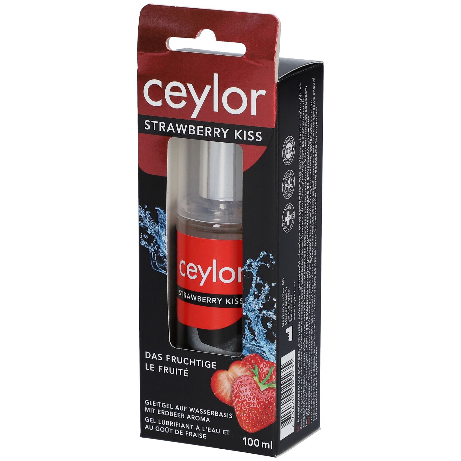 Verpackung mit ceylor STRAWBERRY KISS. Flasche mit rotem Etikett und silbernem Sprühkopf. Erdbeeren abgebildet.