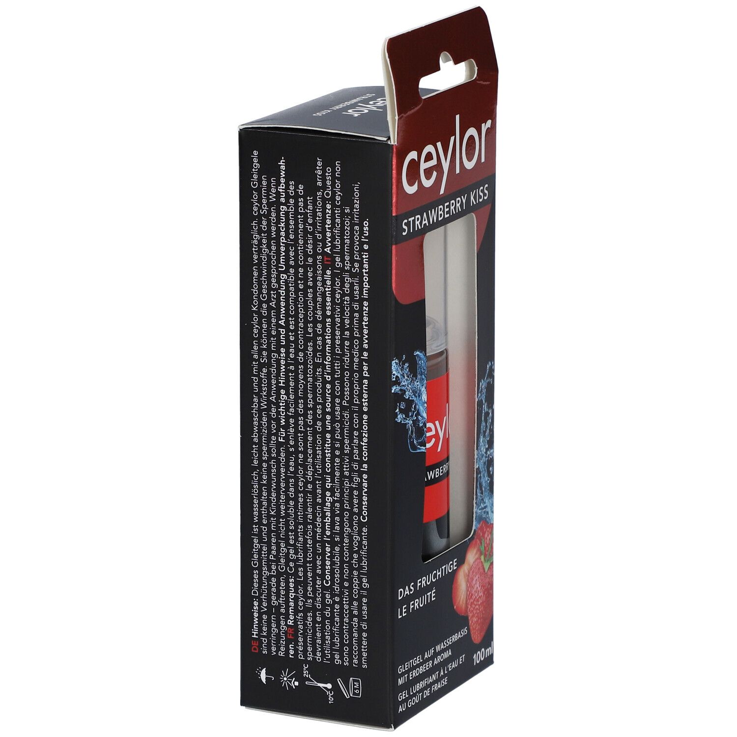 Verpackung ceylor STRAWBERRY KISS. Flasche sichtbar. Rotes Etikett, silberner Sprühkopf. Erdbeeren und Text.
