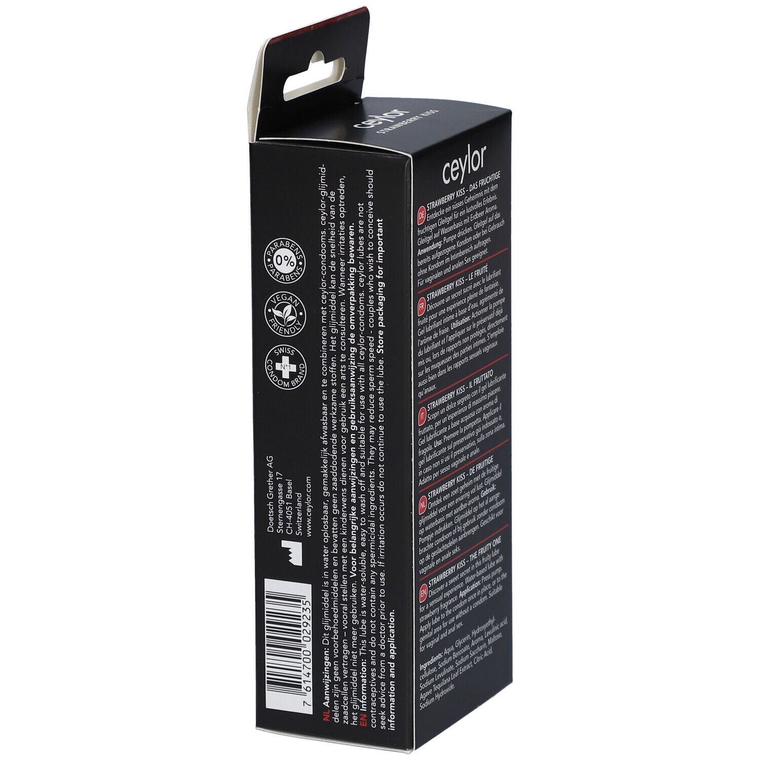 Seite der Verpackung ceylor STRAWBERRY KISS. Text, Logos und Barcode. Erdbeeren abgebildet.